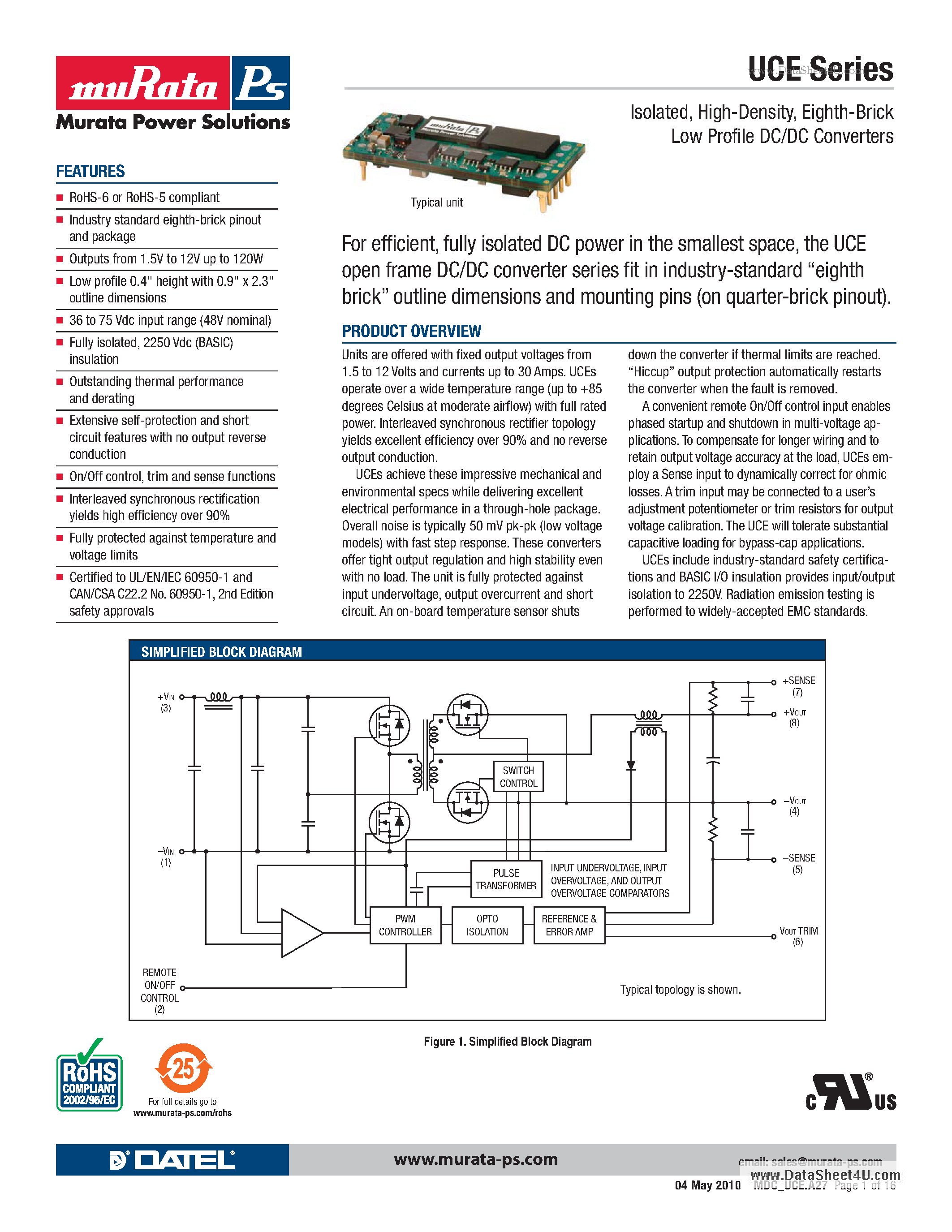 Даташит UCE-12/10-D48N-C - Eighth-Brick 100W DC/DC Converters страница 1