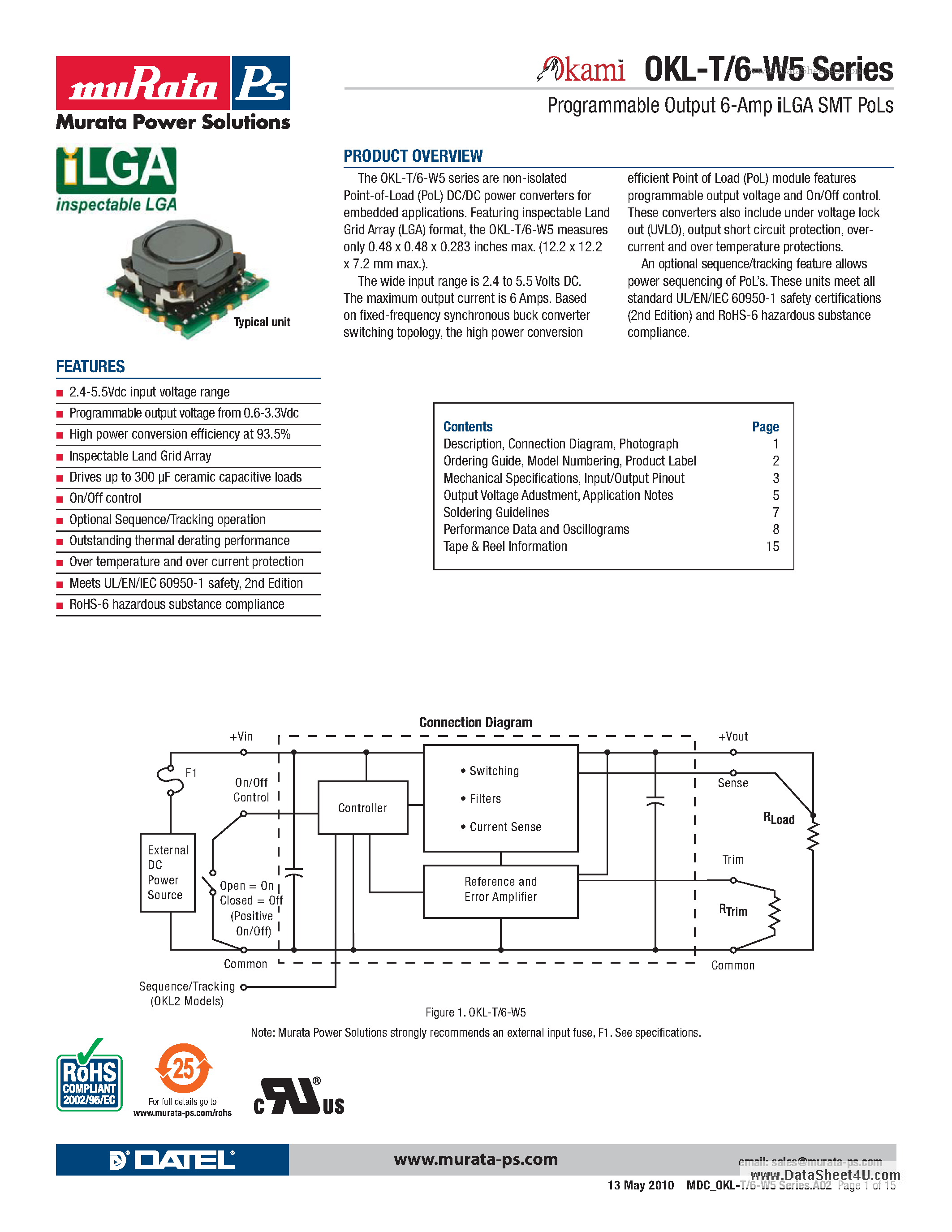 Datasheet OKL-T/6-W5P-C - Programmable Output 3-Amp iLGA SMT PoLs page 1