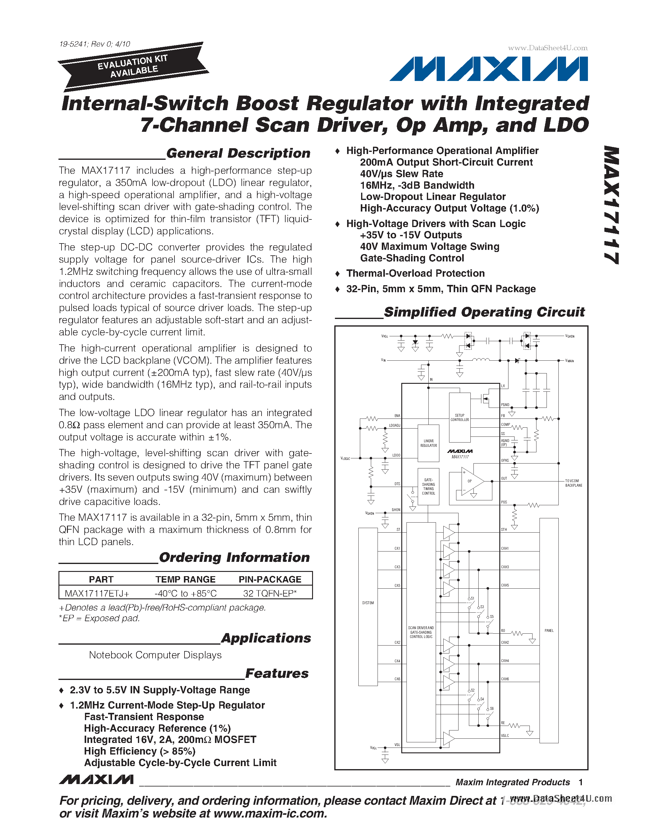 Datasheet MAX17117 page 1 Datasheet MAX17117 - Internal-Switch Boost Regulator page 1