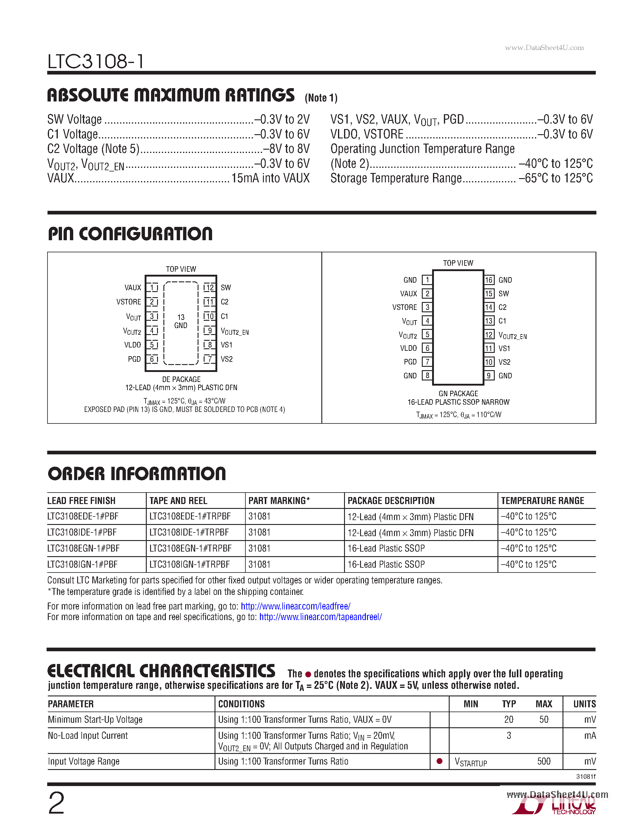 Даташит на микросхему LTC3108-1 страница 2 Даташит LTC3108-1 - Ultralow Voltage Step-Up Converter and Power Manager страница 2