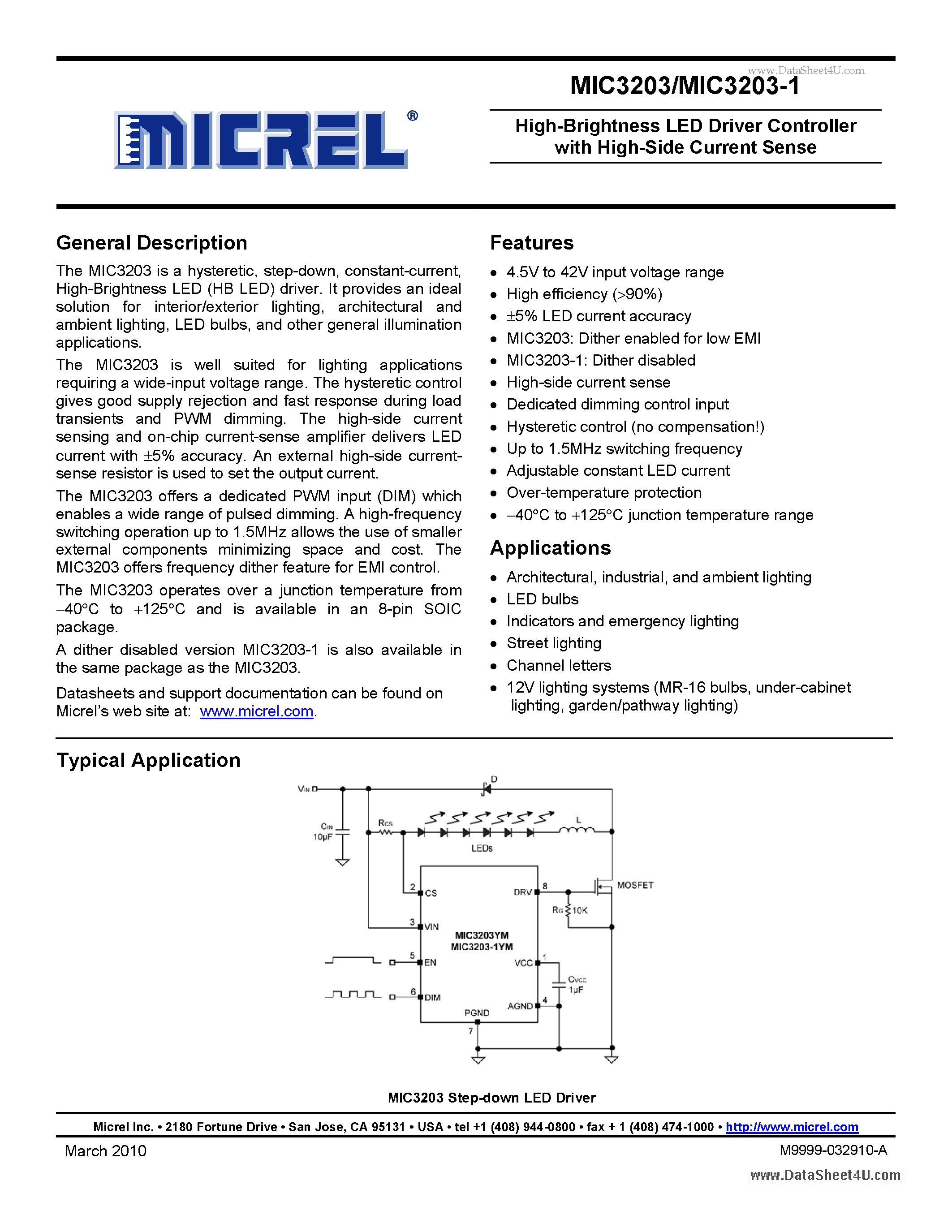 Datasheet MIC3203 - High-Brightness LED Driver Controller page 1