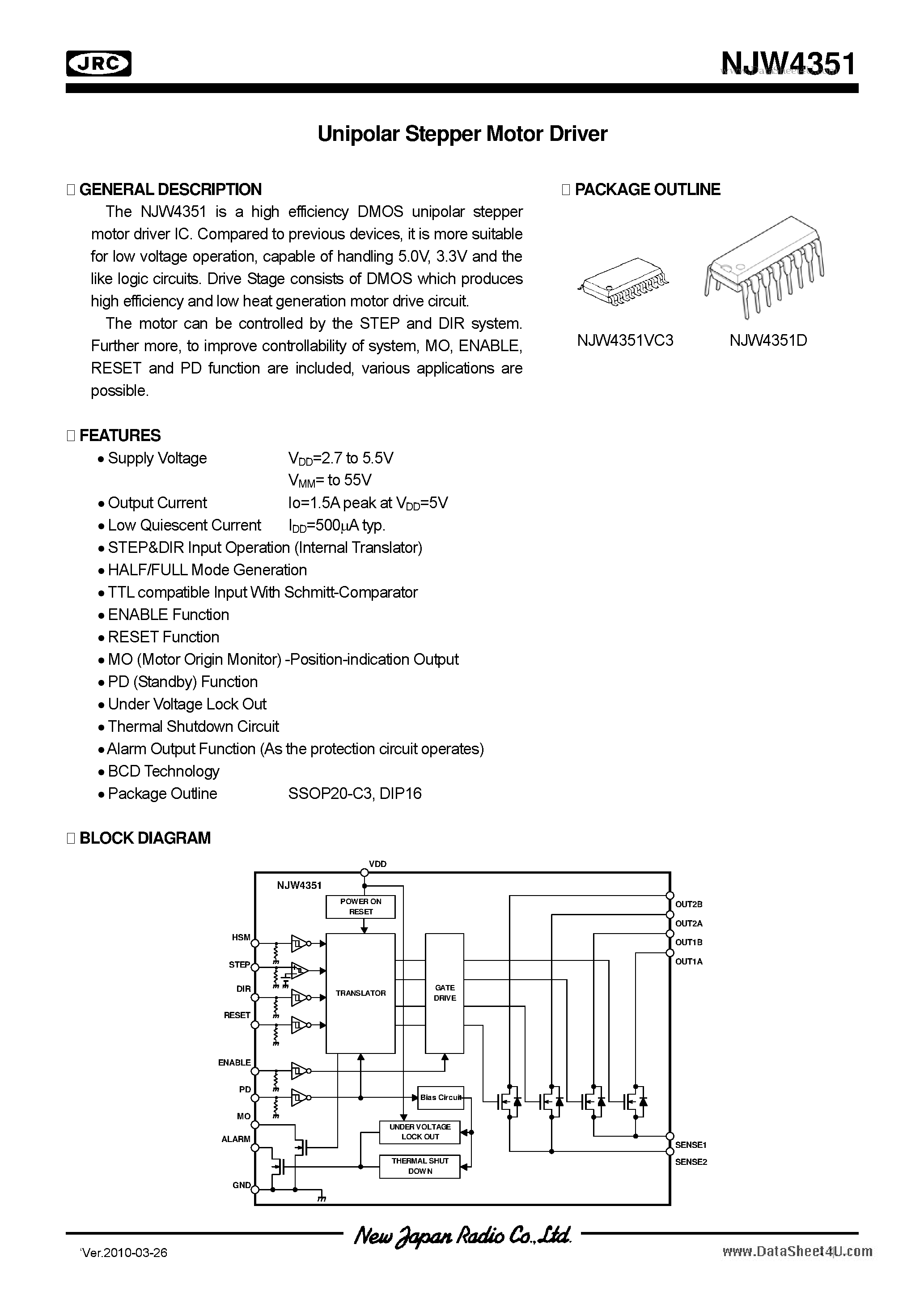 Даташит NJW4351 - Unipolar Stepper Motor Driver страница 1