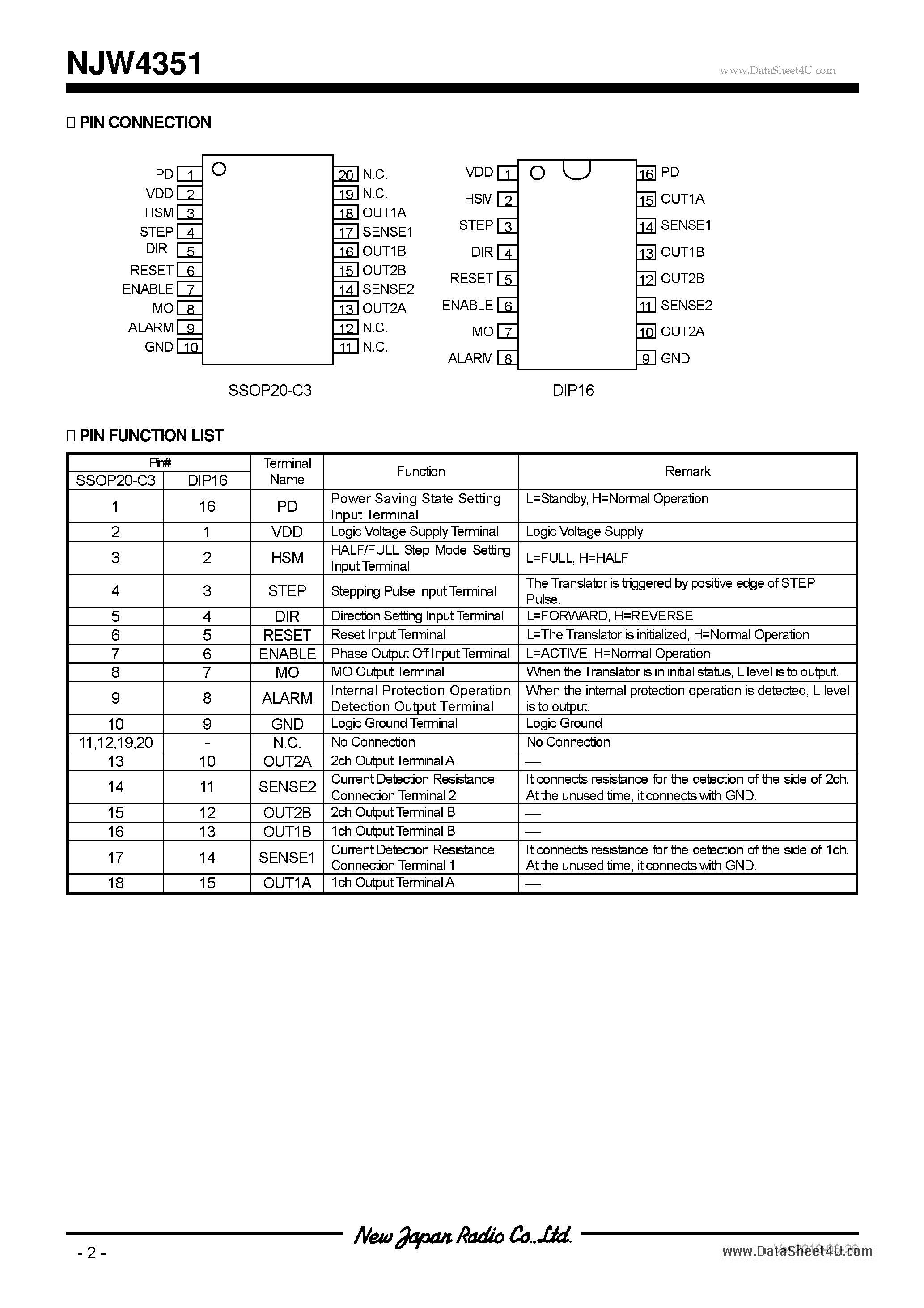 Даташит NJW4351 - Unipolar Stepper Motor Driver страница 2