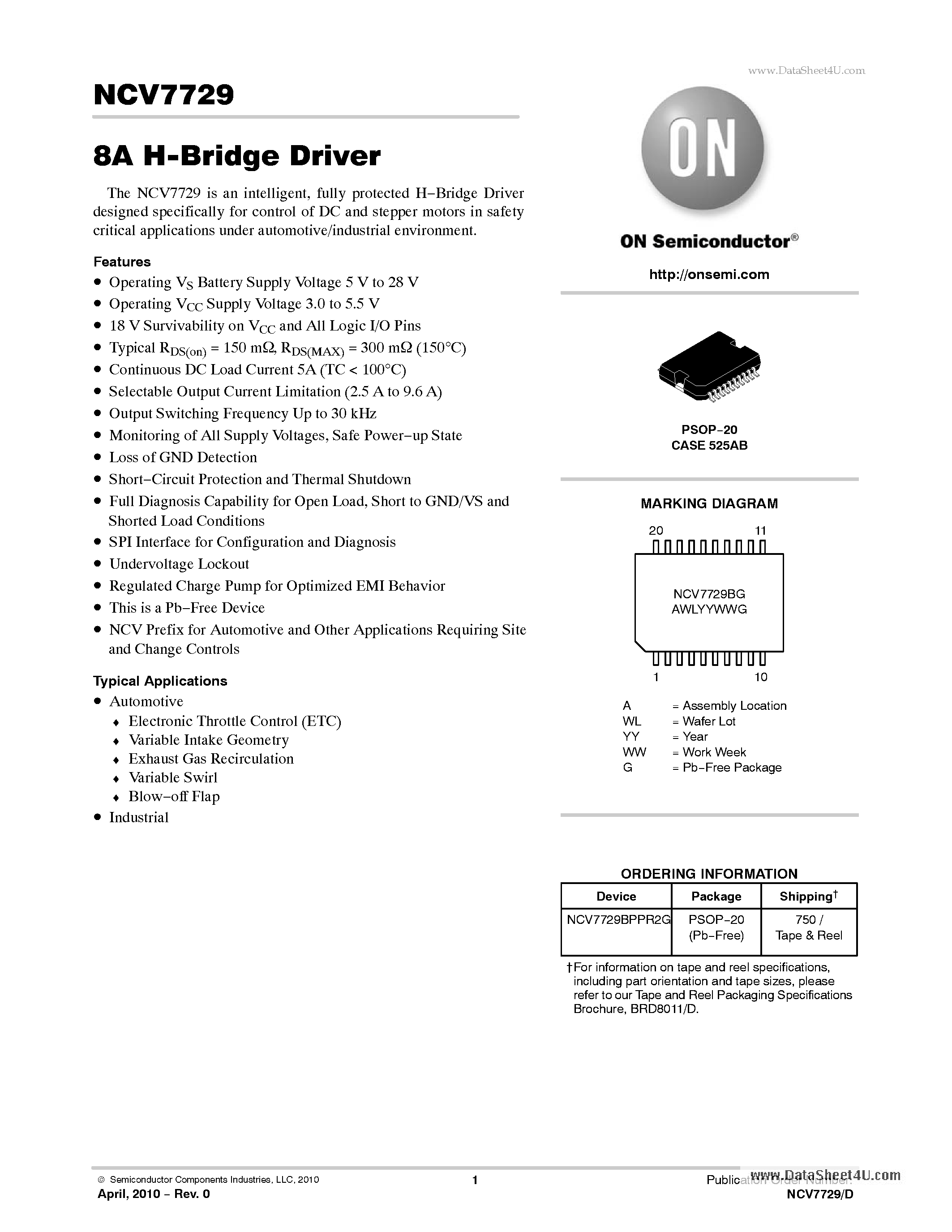 Datasheet NCV7729 page 1 Datasheet NCV7729 - 8A H-Bridge Driver page 1