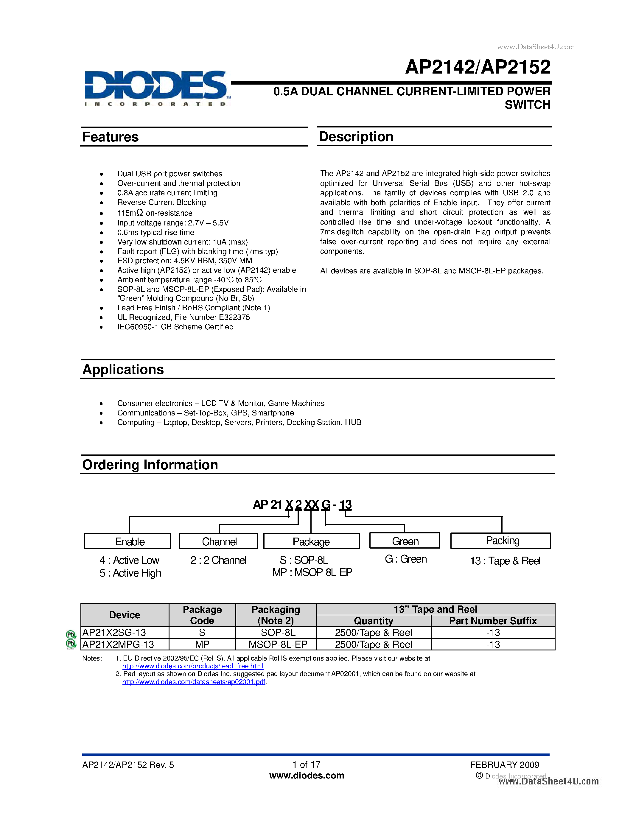 Datasheet AP2142 page 1 Datasheet AP2142 - 0.5A DUAL CHANNEL CURRENT-LIMITED POWER SWITCH page 1