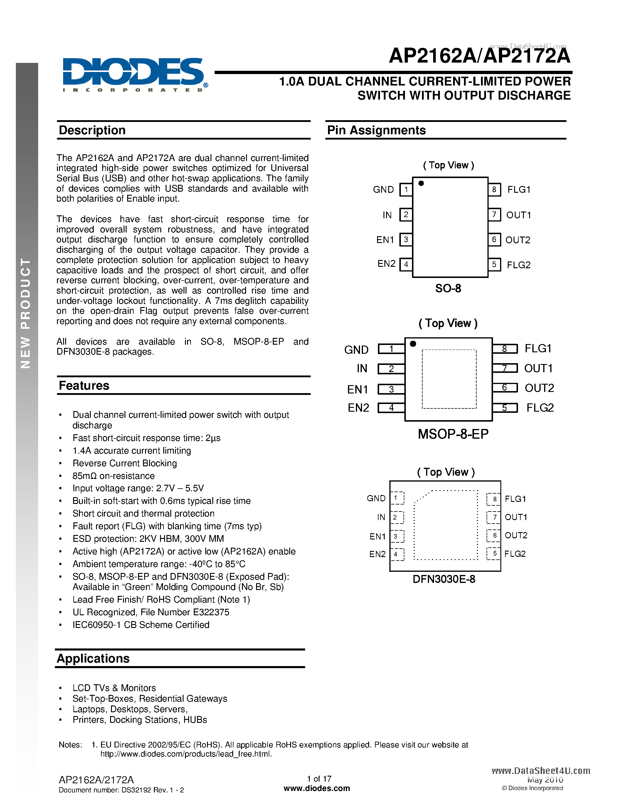 Даташит на микросхему AP2162A страница 1 Даташит AP2162A - 1.0A DUAL CHANNEL CURRENT-LIMITED POWER SWITCH страница 1