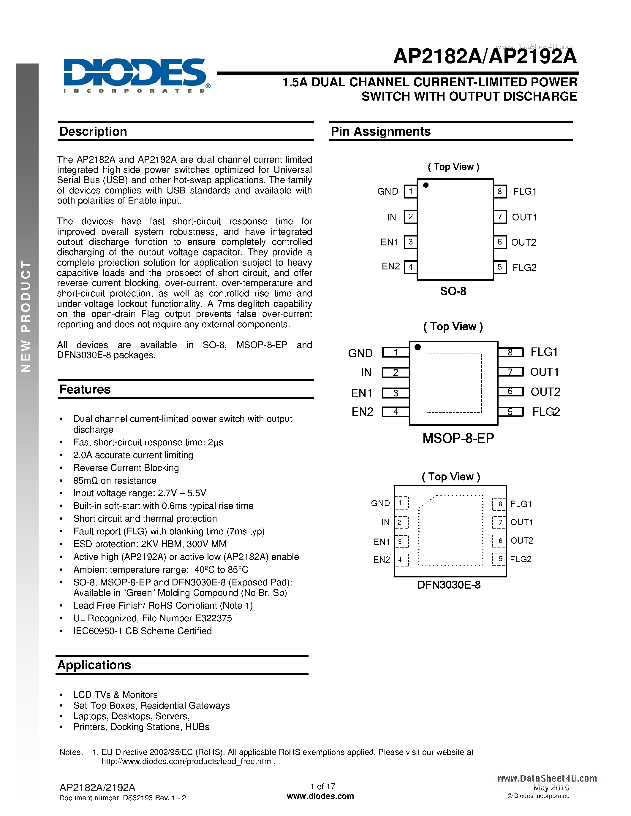 Даташит AP2182A - 1.5A DUAL CHANNEL CURRENT-LIMITED POWER SWITCH страница 1