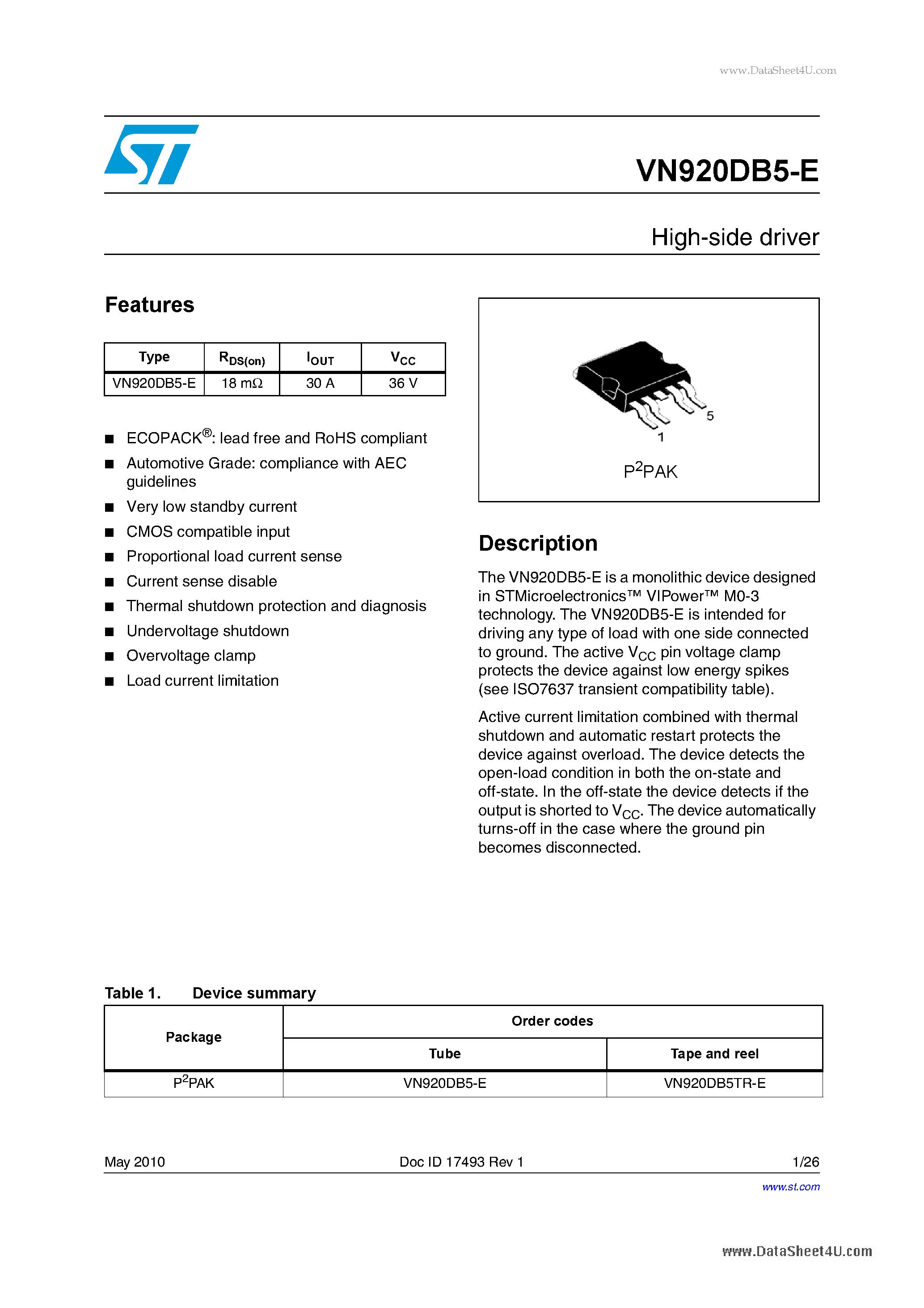 Datasheet VN920DB5-E page 1 Datasheet VN920DB5-E - High-side driver page 1
