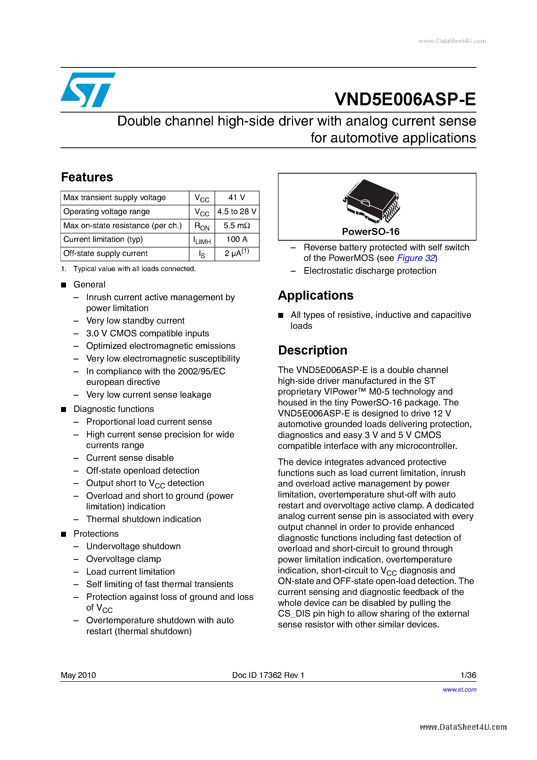 Даташит VND5E006ASP-E - Double channel high-side driver with analog current sense страница 1