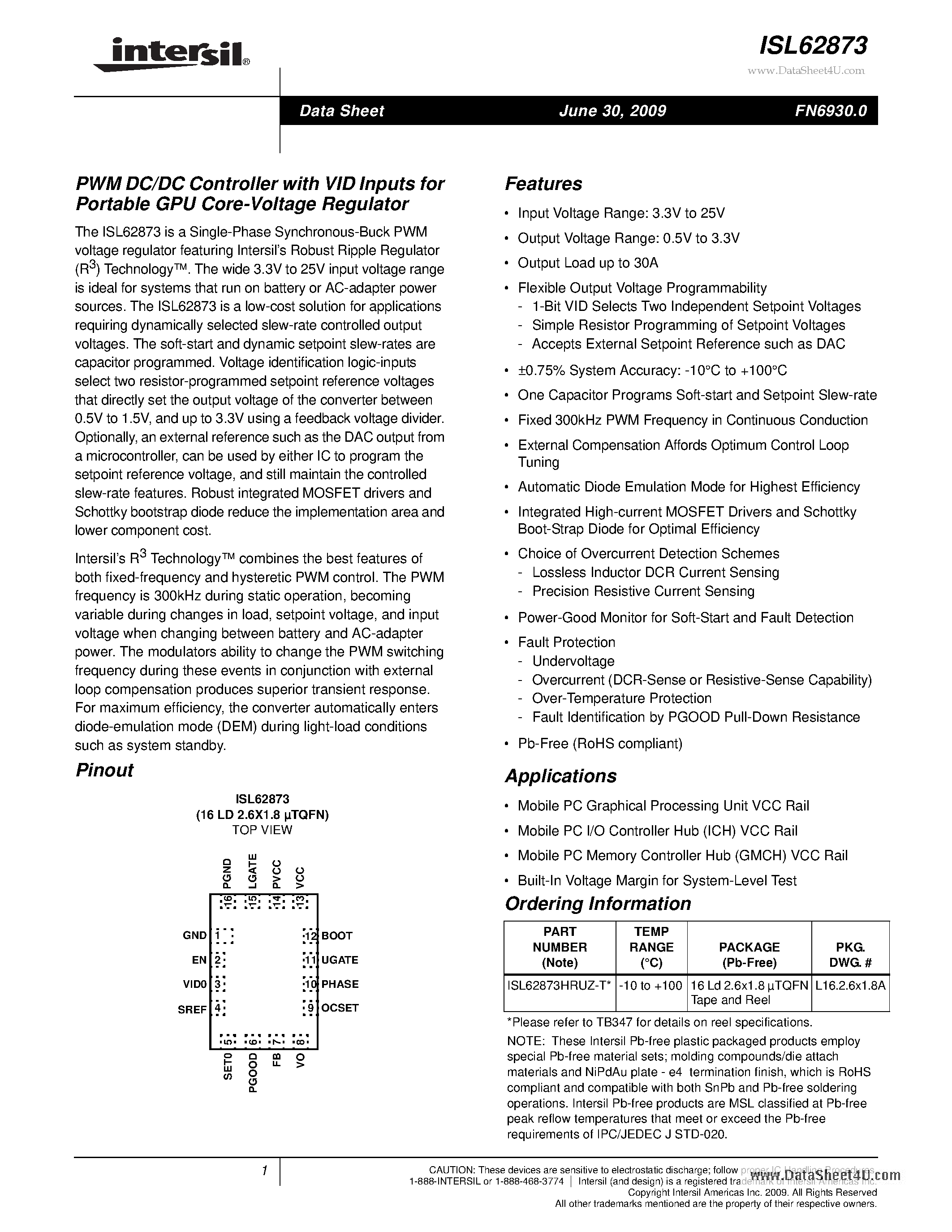 Datasheet ISL62873 - PWM DC/DC Controller with VID Inputs page 1