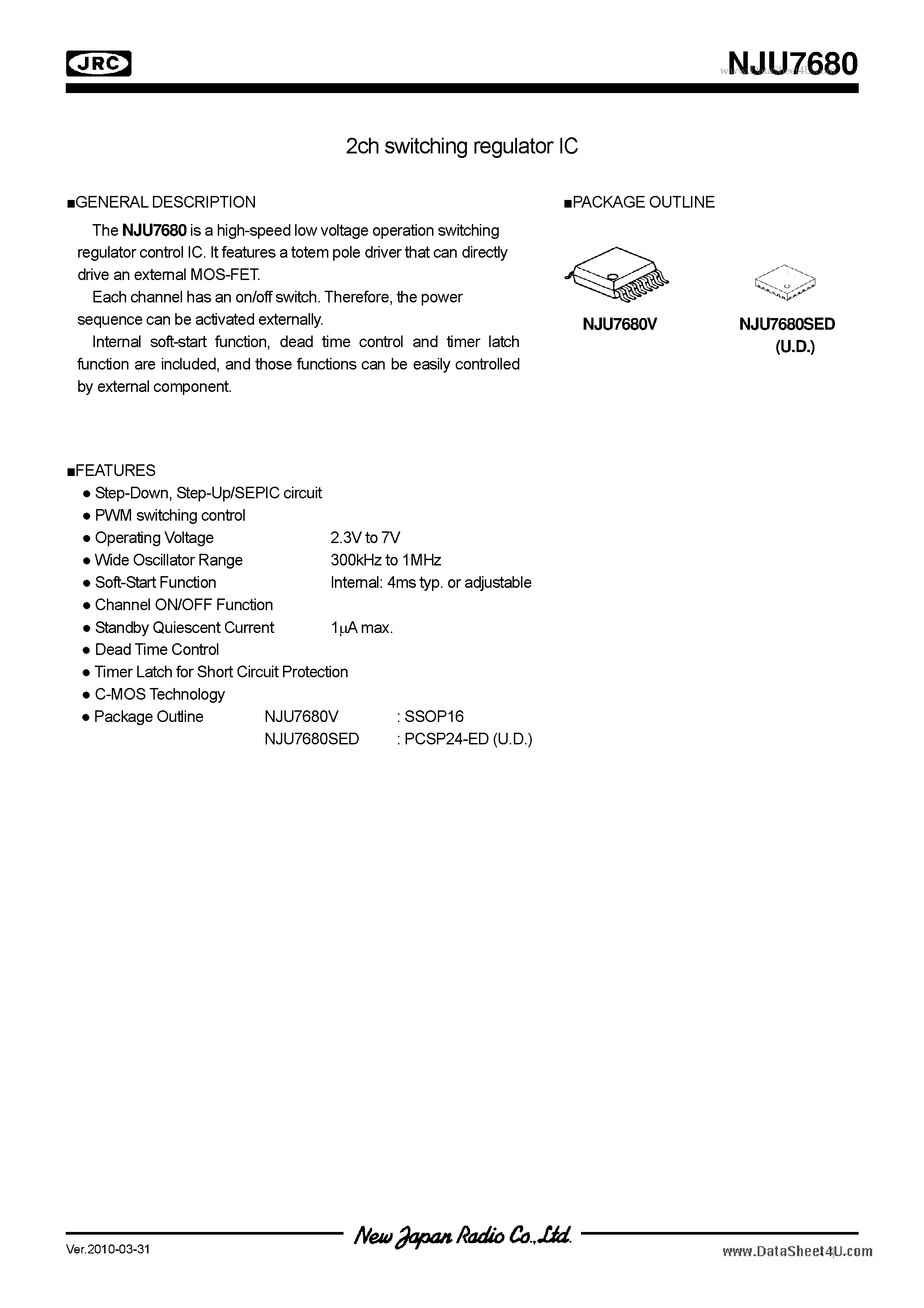 Datasheet NJU7680 page 1 Datasheet NJU7680 - 2ch switching regulator IC page 1