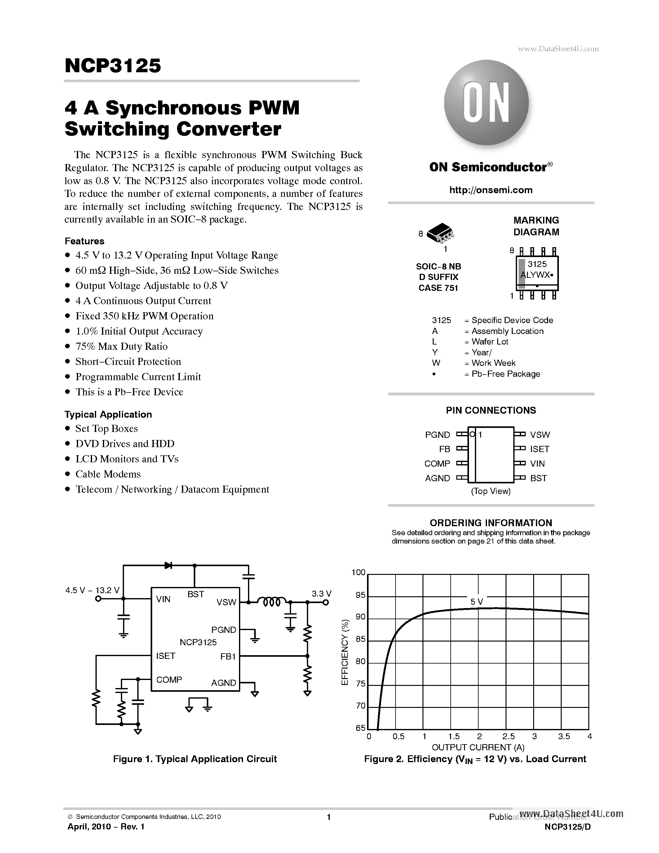 Datasheet NCP3125 - 4 A Synchronous PWM Switching Converter page 1