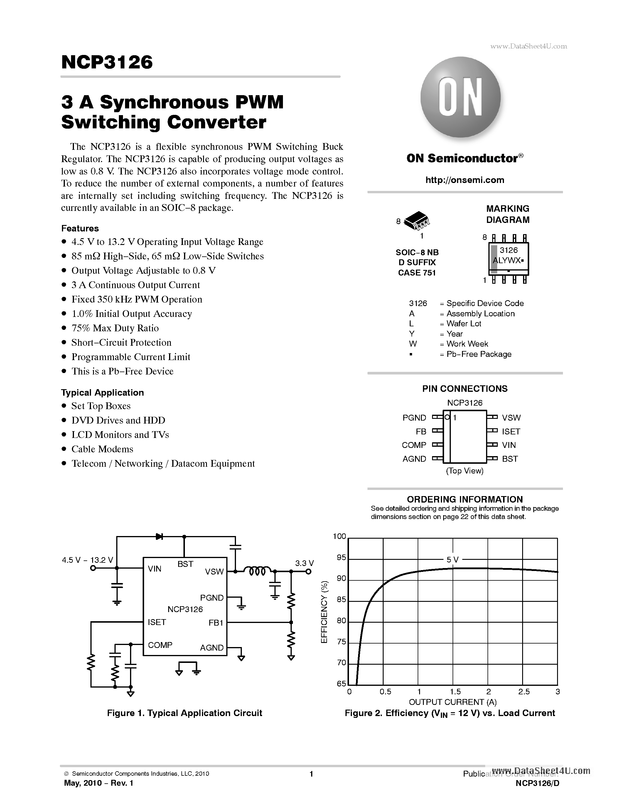 Datasheet NCP3126 - 3 A Synchronous PWM Switching Converter page 1