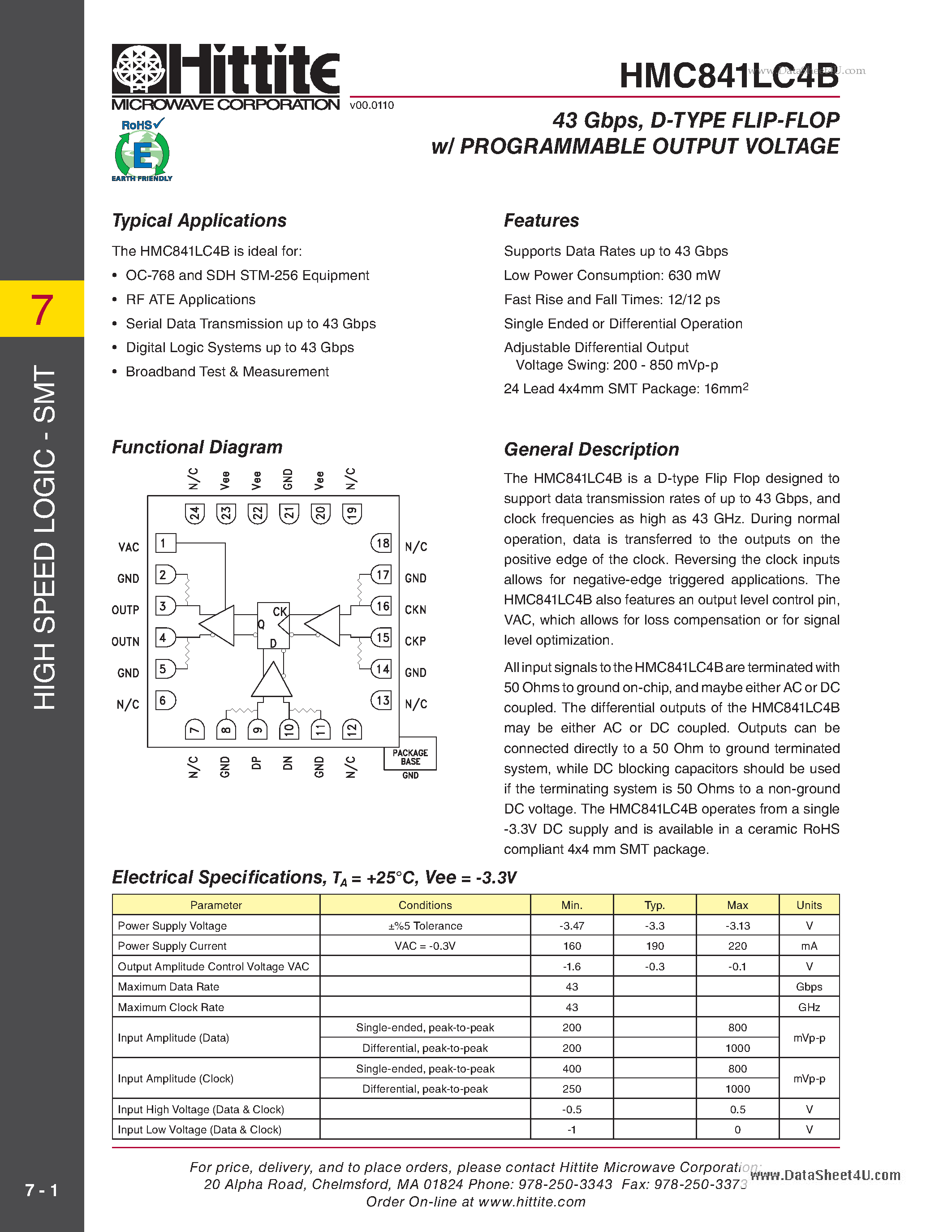 Datasheet HMC841LC4B page 1 Datasheet HMC841LC4B - D-TYPE FLIP-FLOP w/ PROGRAMMABLE OUTPUT VOLTAGE page 1