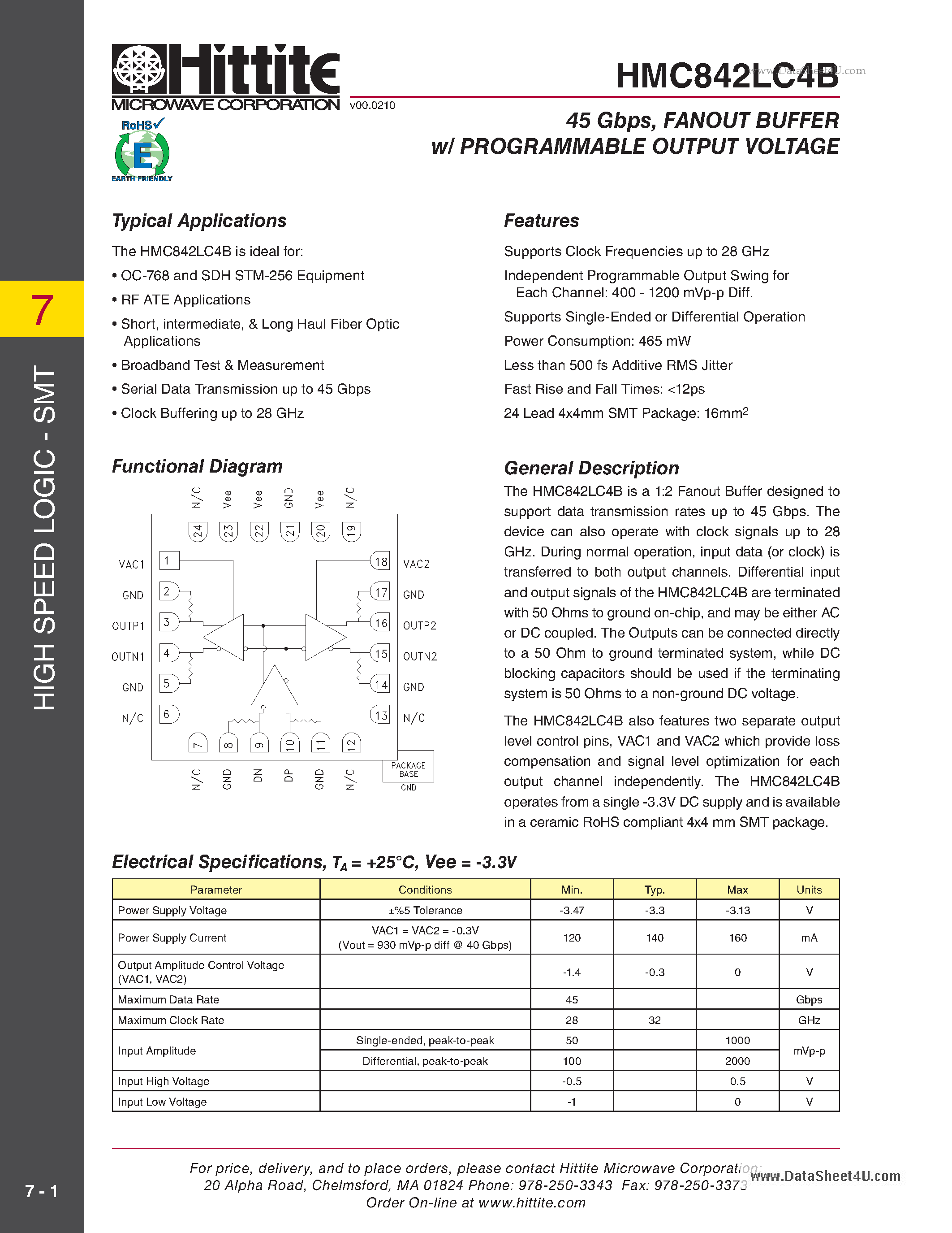 Datasheet HMC842LC4B - FANOUT BUFFER w/ PROGRAMMABLE OUTPUT VOLTAGE page 1