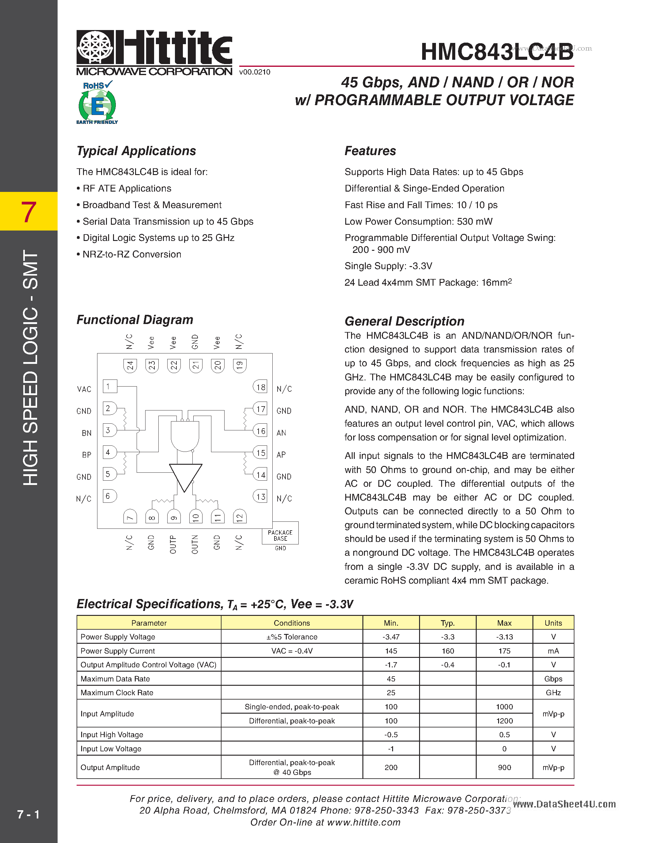 Datasheet HMC843LC4B page 1 Datasheet HMC843LC4B - AND / NAND / OR / NOR w/ PROGRAMMABLE OUTPUT VOLTAGE page 1
