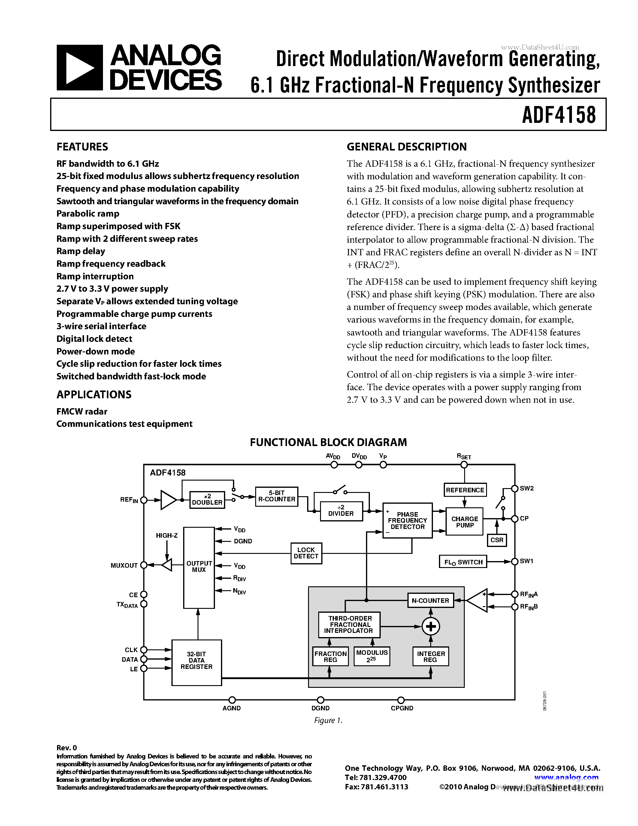Даташит на микросхему ADF4158 страница 1 Даташит ADF4158 - Direct Modulation/Waveform Generating 6.1 GHz Fractional-N Frequency Synthesizer страница 1
