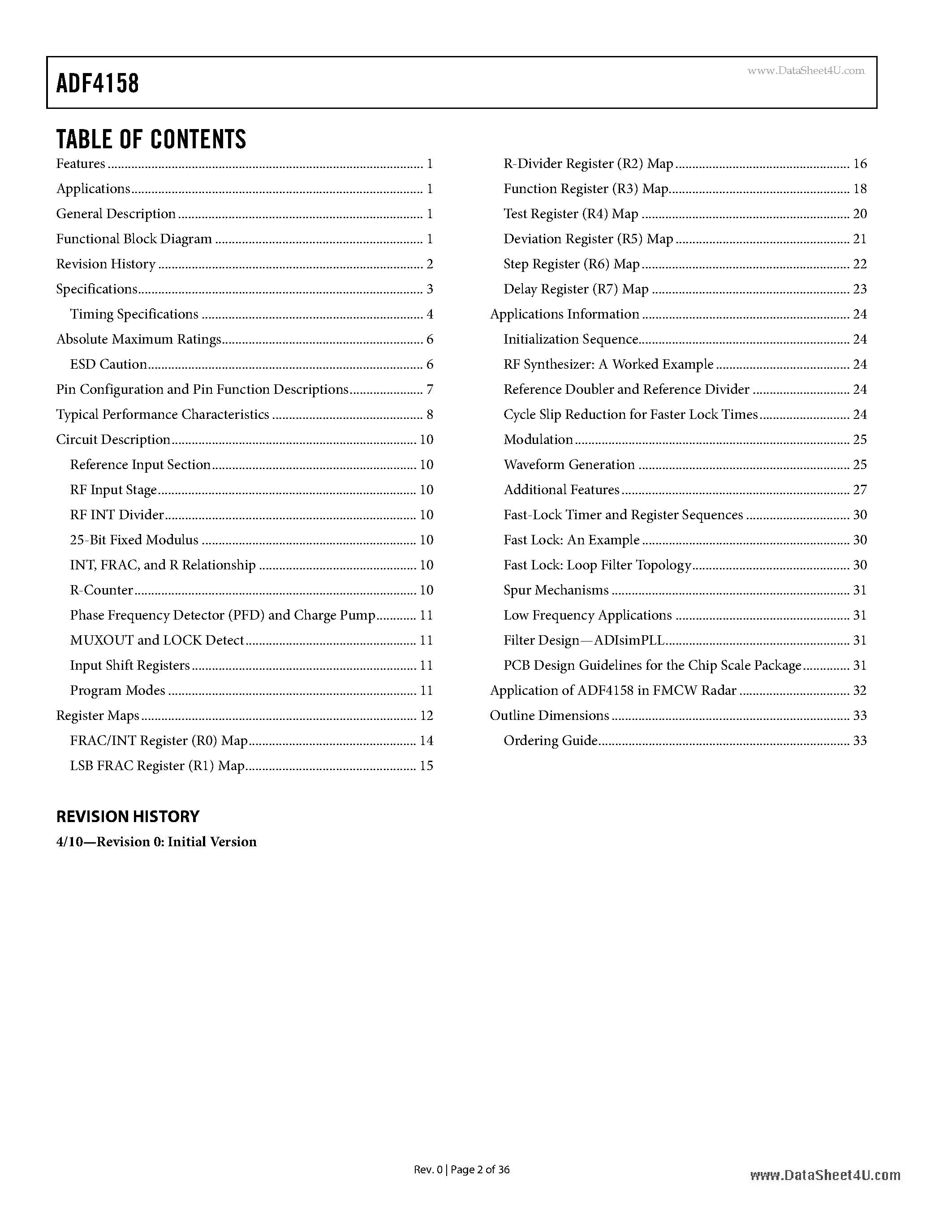 Даташит на микросхему ADF4158 страница 2 Даташит ADF4158 - Direct Modulation/Waveform Generating 6.1 GHz Fractional-N Frequency Synthesizer страница 2