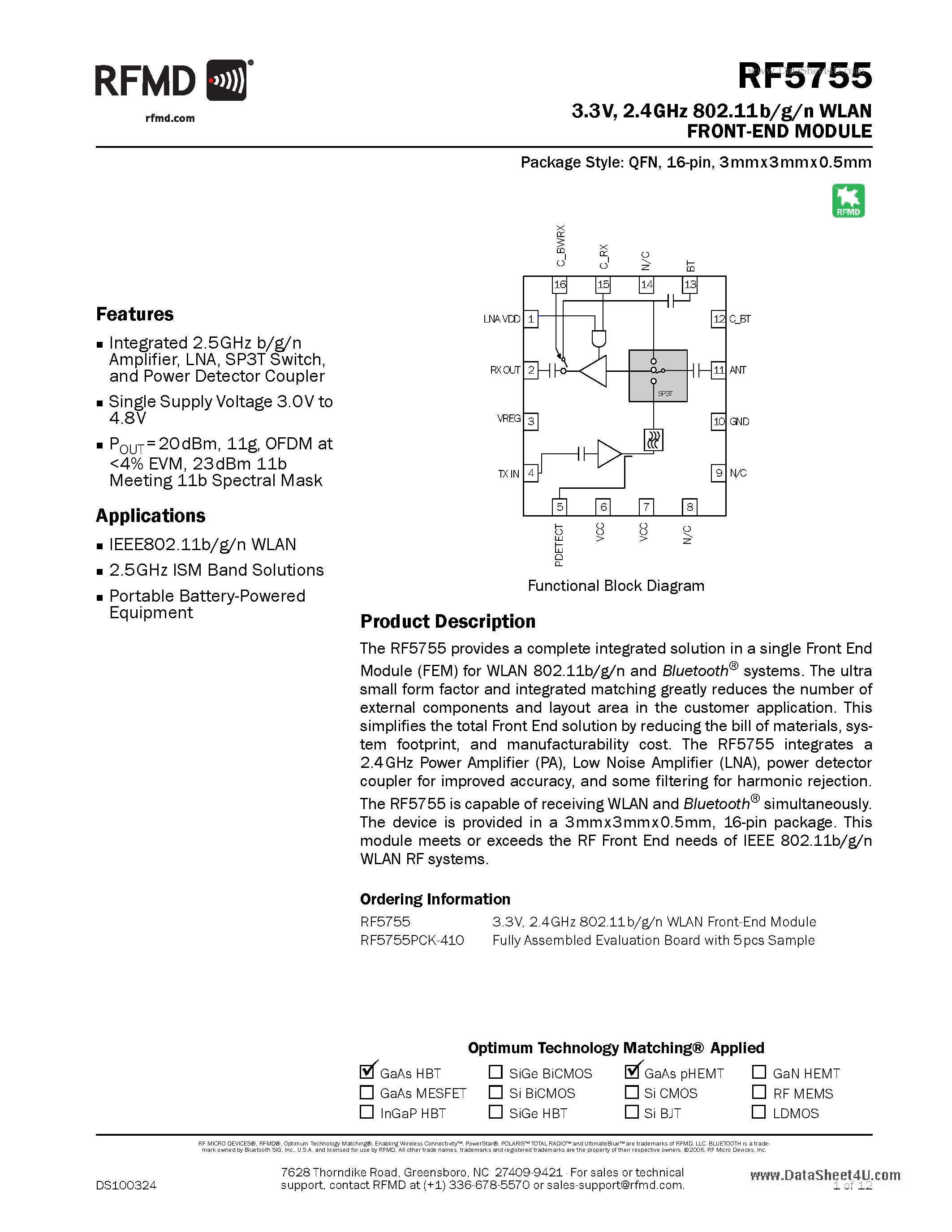 Datasheet RF5755 page 1 Datasheet RF5755 - 2.4GHz 802.11b/g/n WLAN FRONT-END MODULE page 1