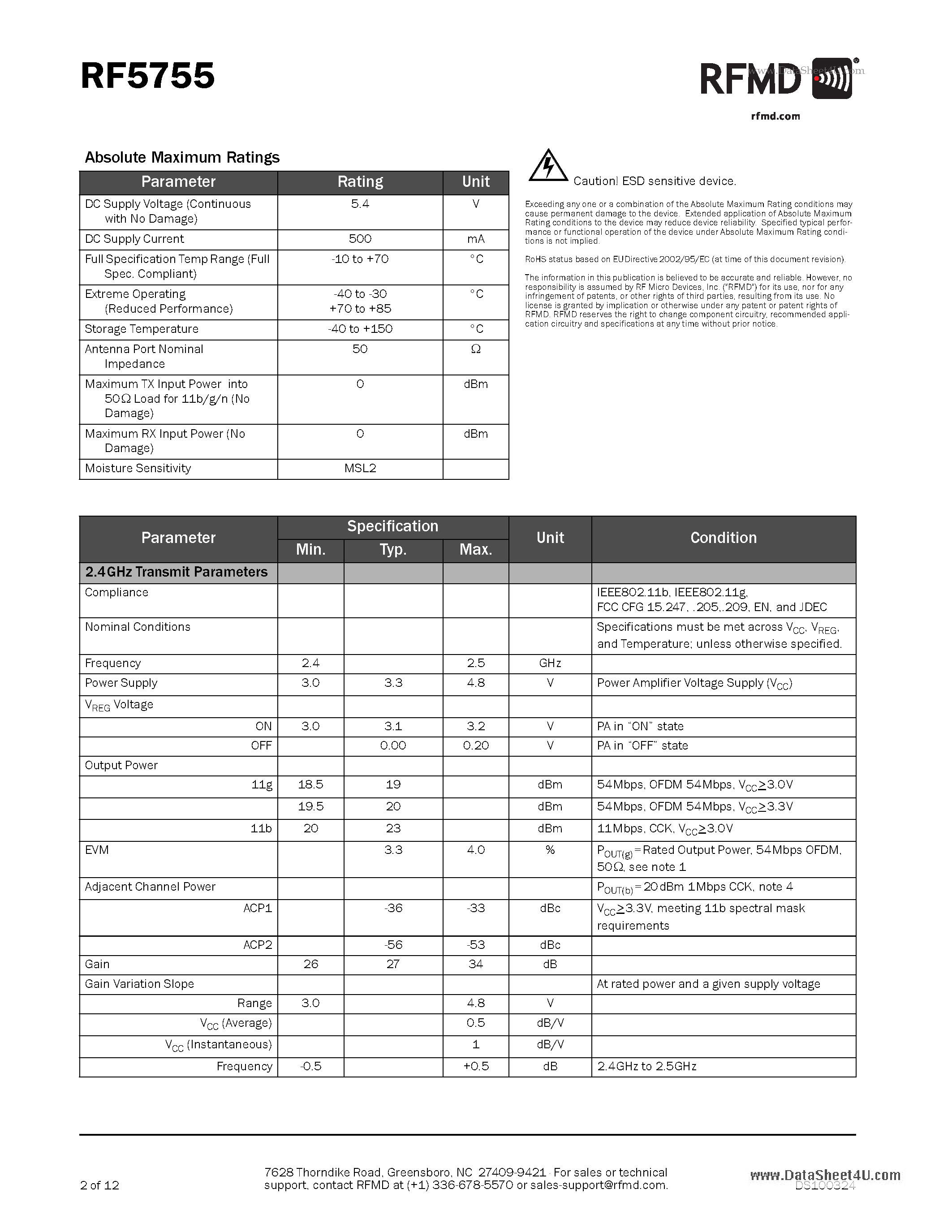 Datasheet RF5755 page 2 Datasheet RF5755 - 2.4GHz 802.11b/g/n WLAN FRONT-END MODULE page 2