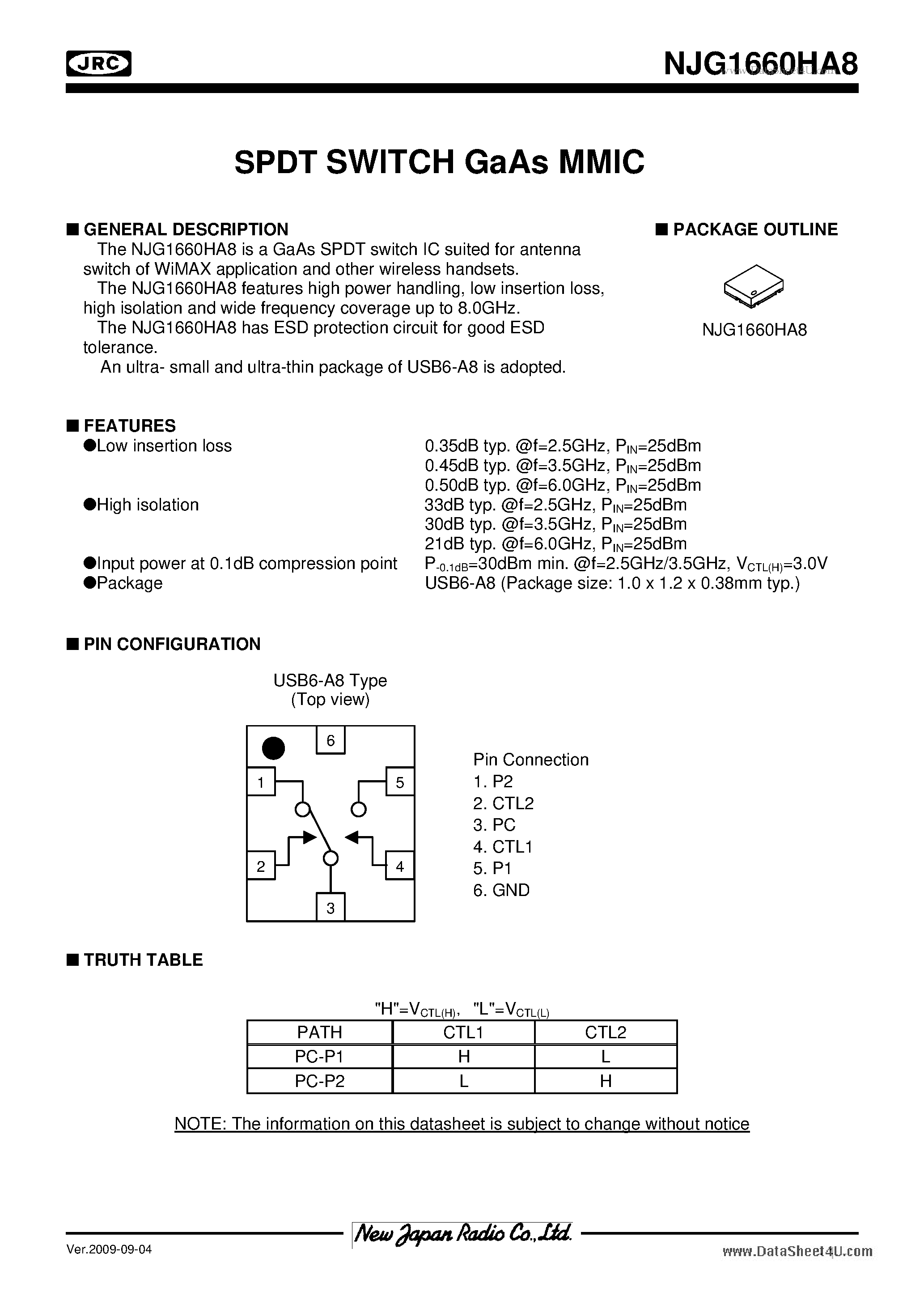 Datasheet NJG1660HA8 page 1 Datasheet NJG1660HA8 - SPDT SWITCH GaAs MMIC page 1