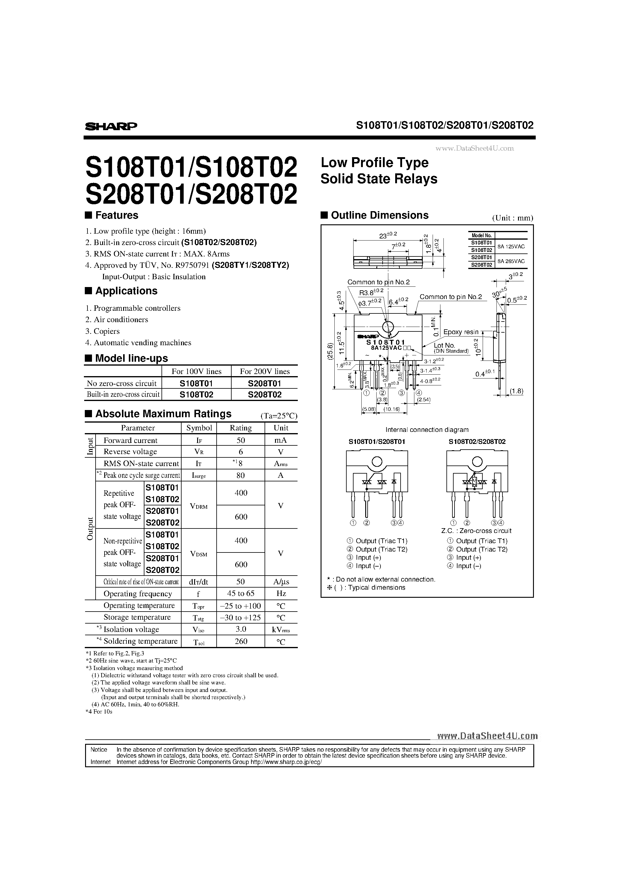 Даташит S208T01 - (S208T01 / S208T02) Low Profile Type Solid State Relays страница 1