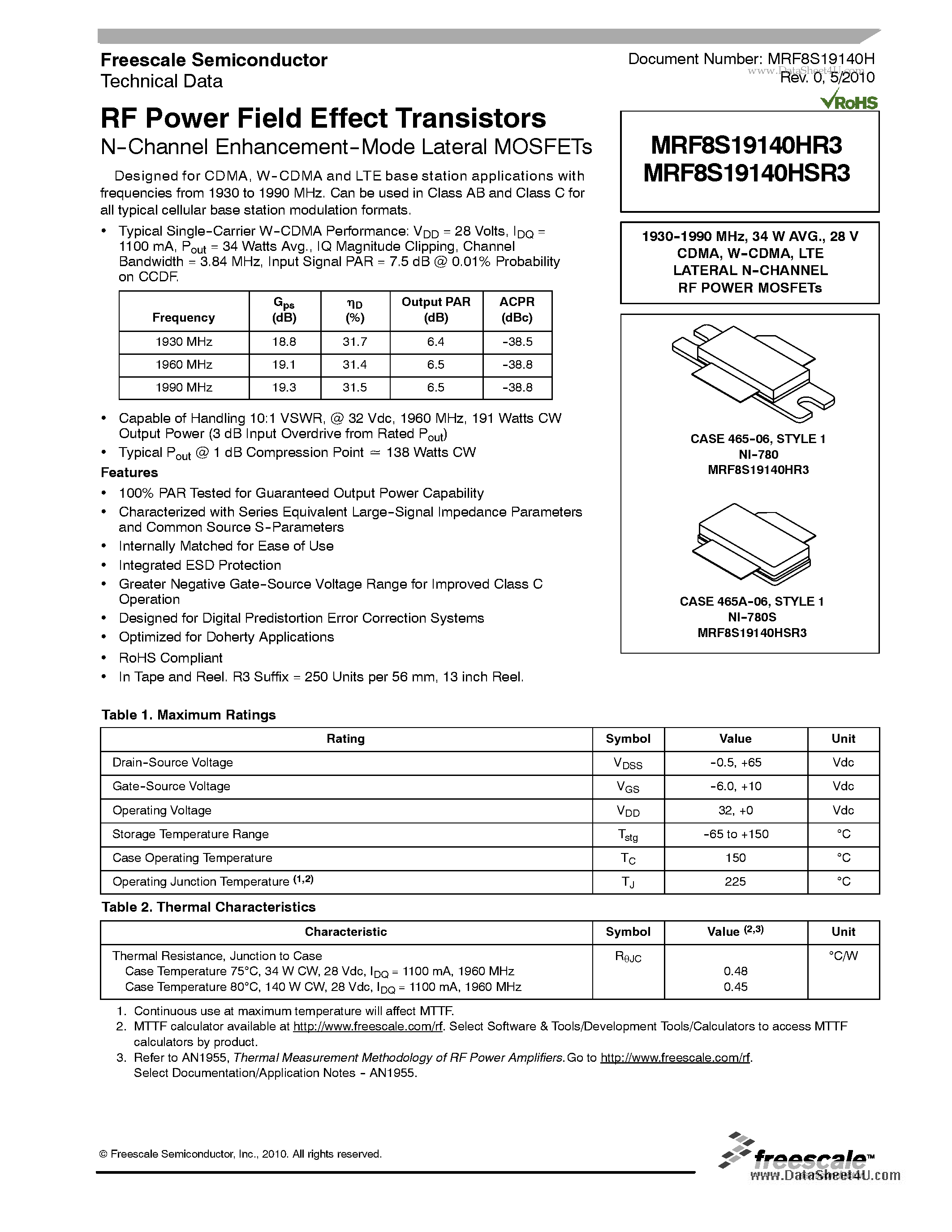 Datasheet MRF8S19140HR3 - RF Power Field Effect Transistors page 1