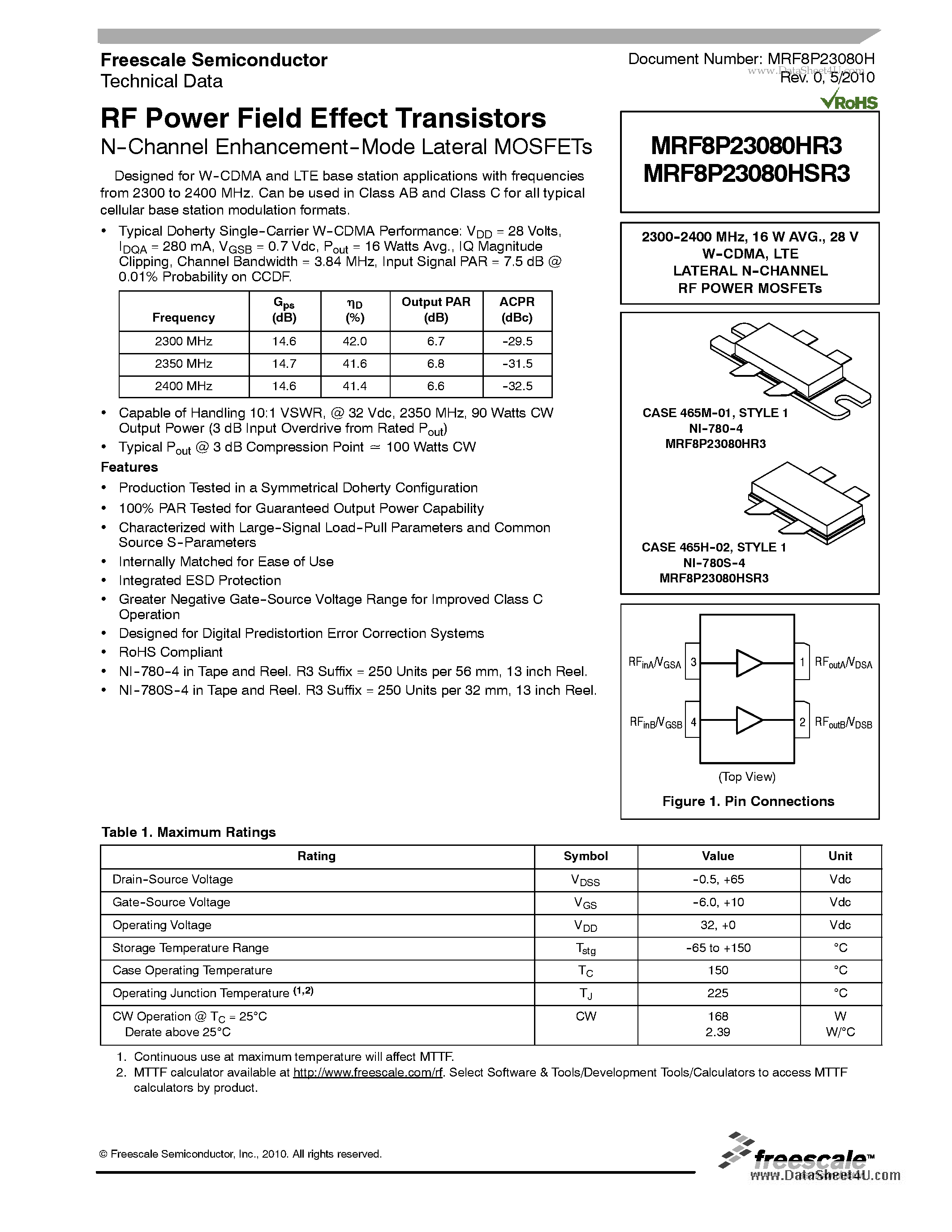 Datasheet MRF8P23080HR3 - RF Power Field Effect Transistors page 1