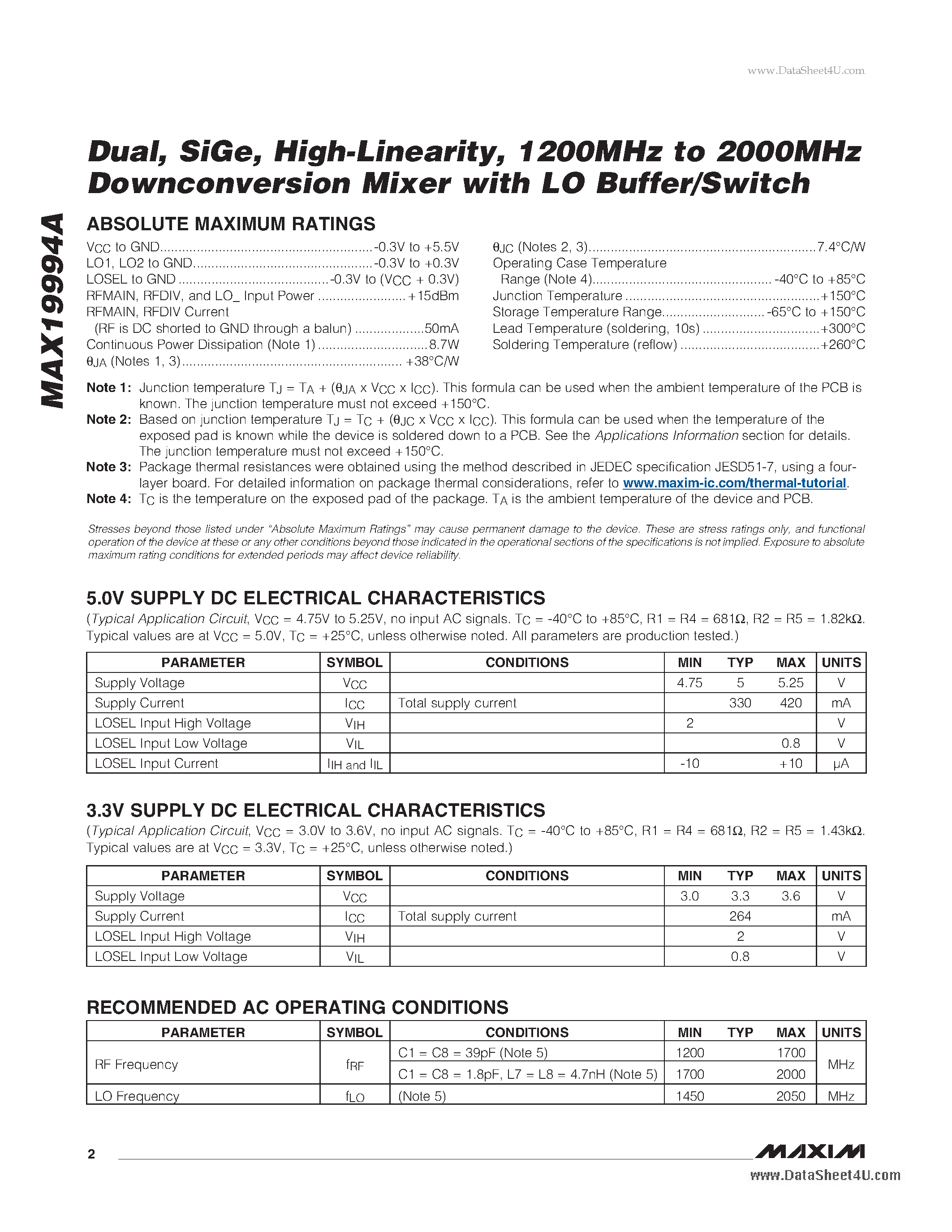 Datasheet MAX19994A page 2 Datasheet MAX19994A - 1200MHz to 2000MHz Downconversion Mixer with LO Buffer/Switch page 2