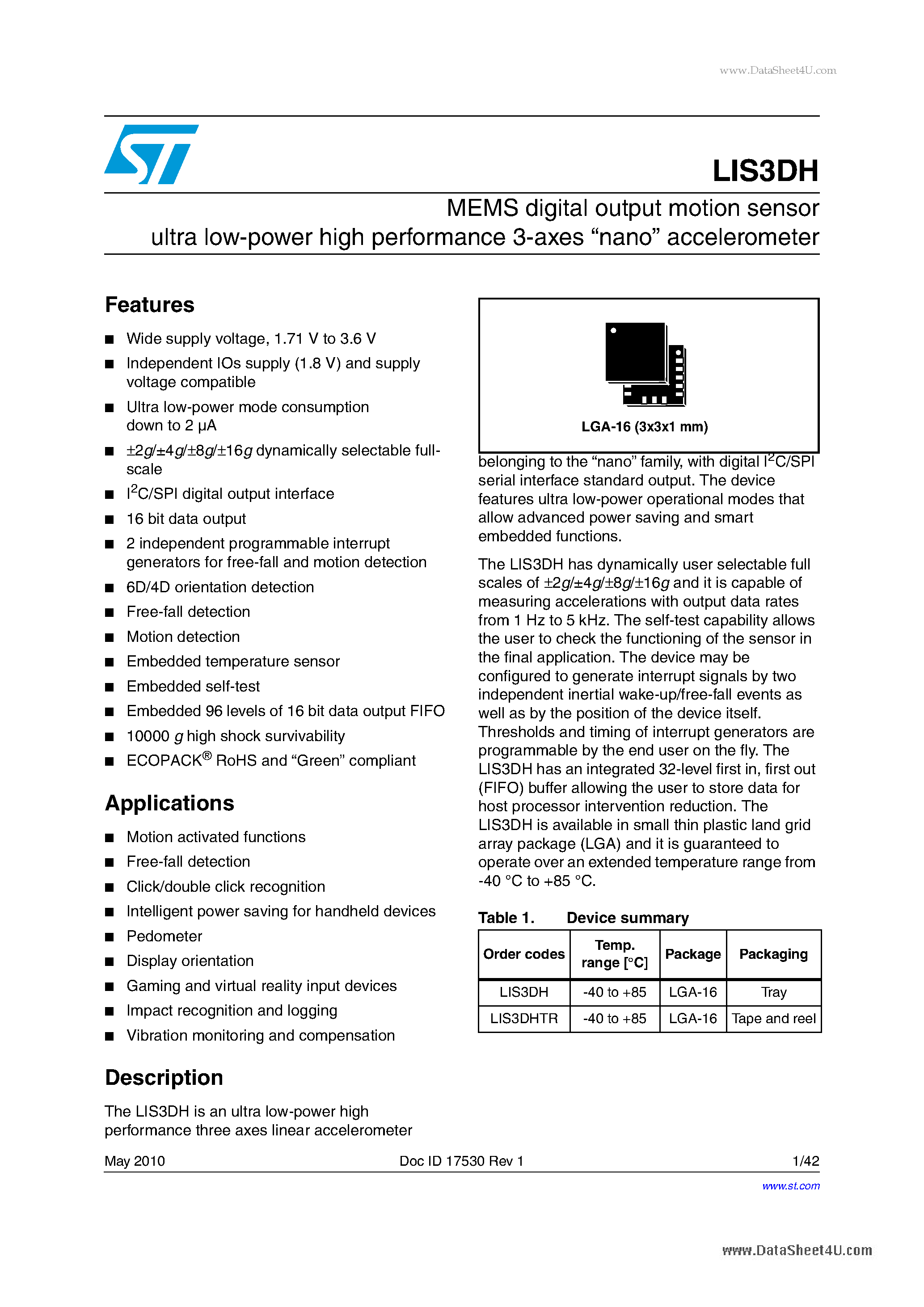 Datasheet LIS3DH - MEMS digital output motion sensor ultra low-power high performance 3-axes "nano" accelerometer page 1