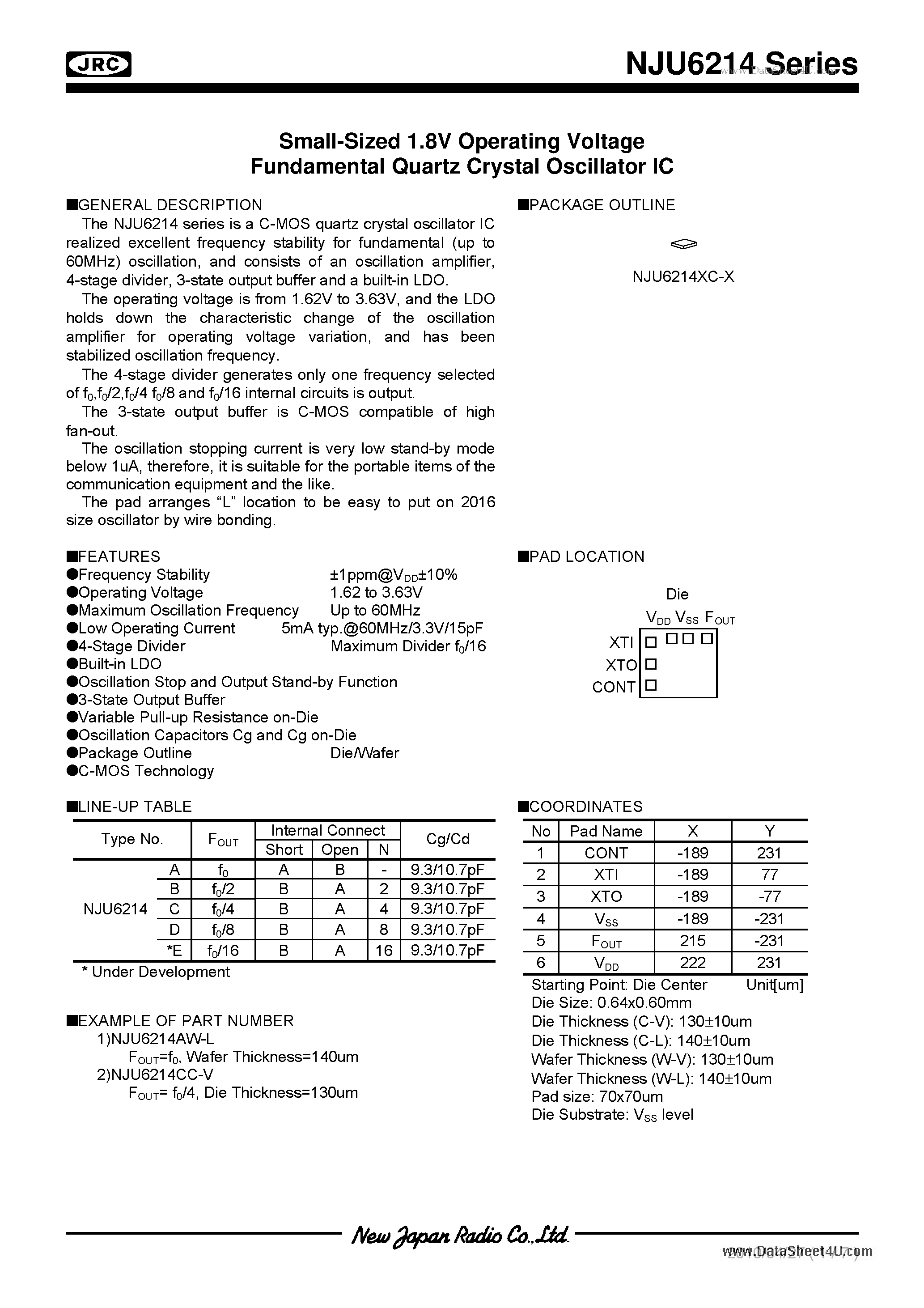 Datasheet NJU6214 - Small-Sized 1.8V Operating Voltage Fundamental Quartz Crystal Oscillator IC page 1