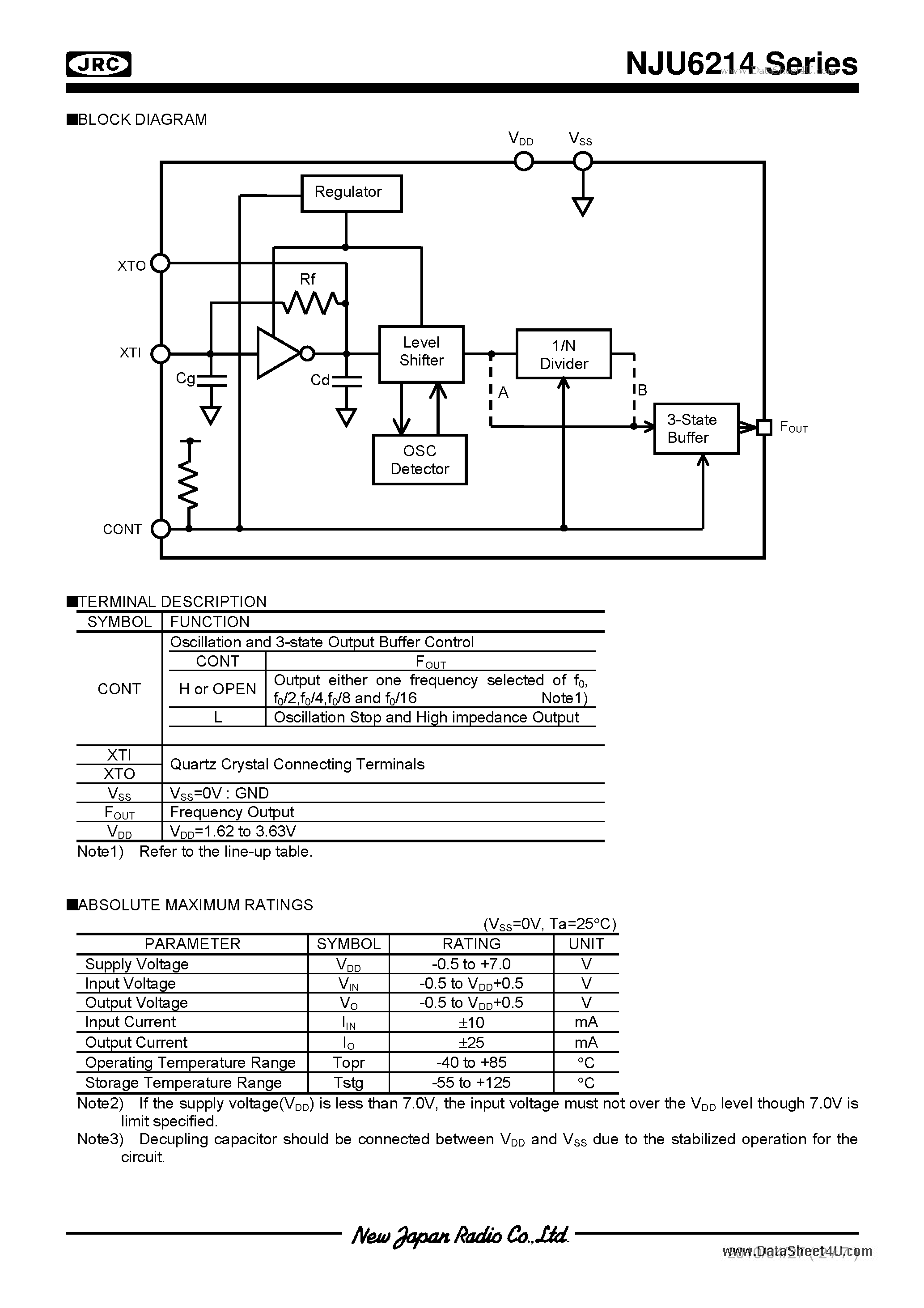 Datasheet NJU6214 - Small-Sized 1.8V Operating Voltage Fundamental Quartz Crystal Oscillator IC page 2