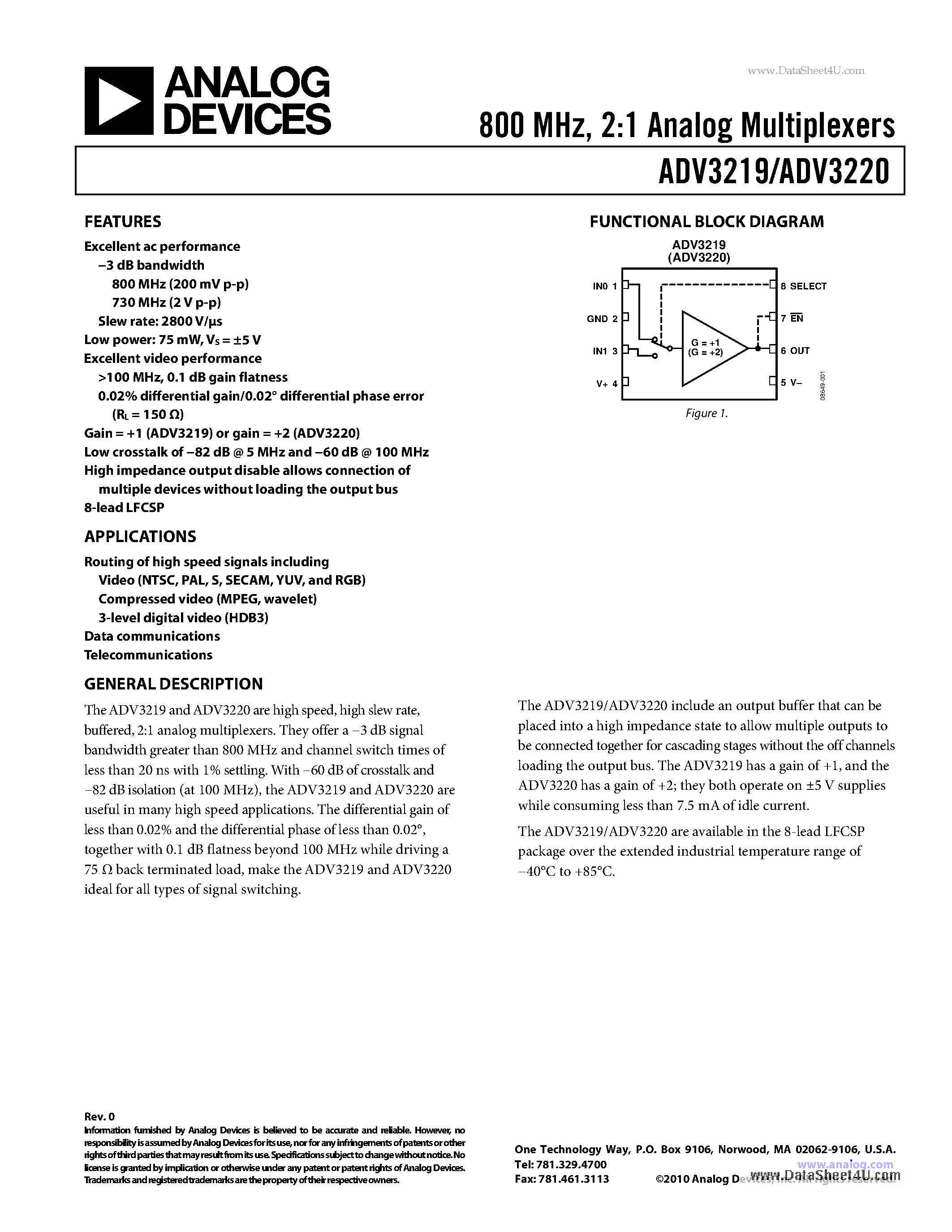 Datasheet ADV3219 - 2:1 Analog Multiplexers page 1