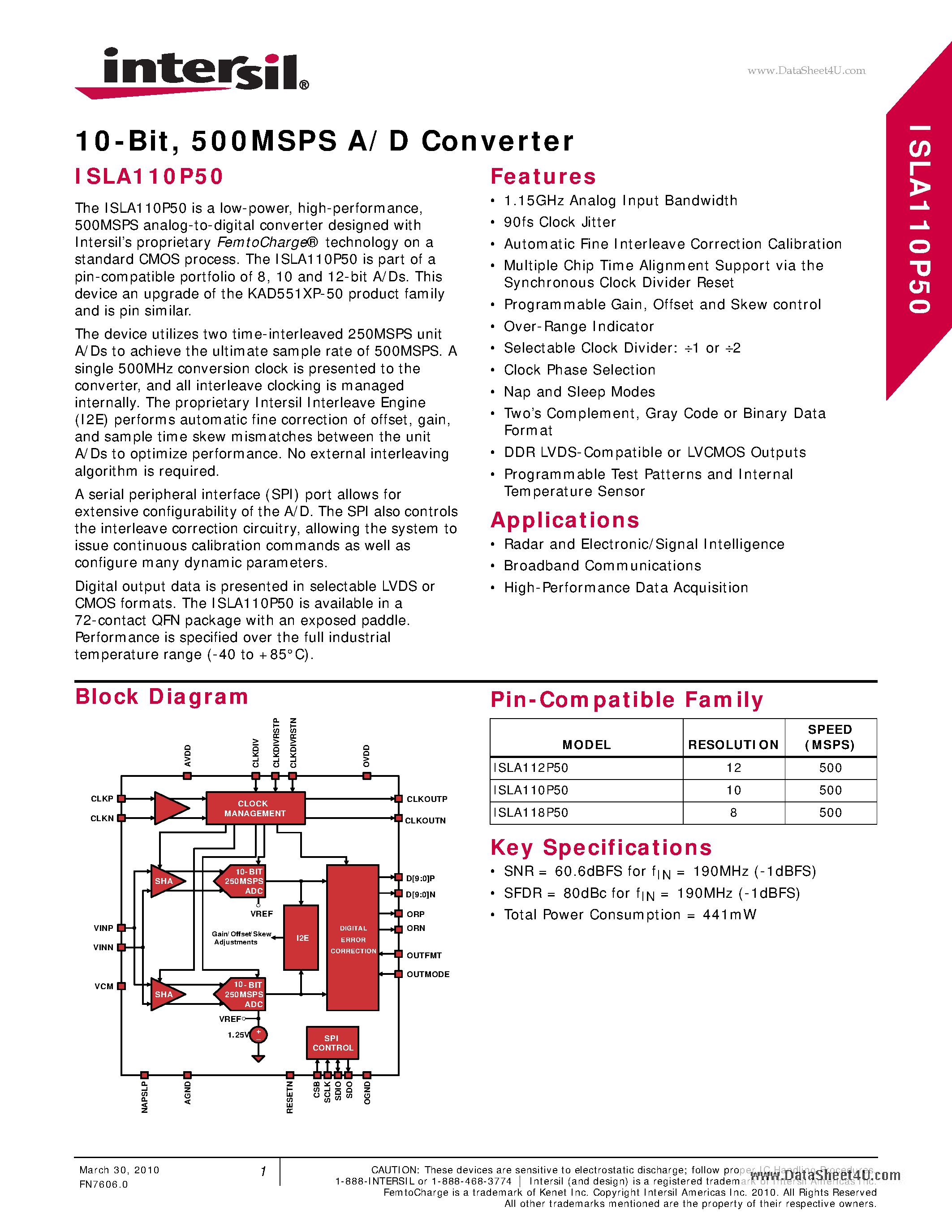 Datasheet ISLA110P50 page 1 Datasheet ISLA110P50 - 500MSPS A/D Converter page 1