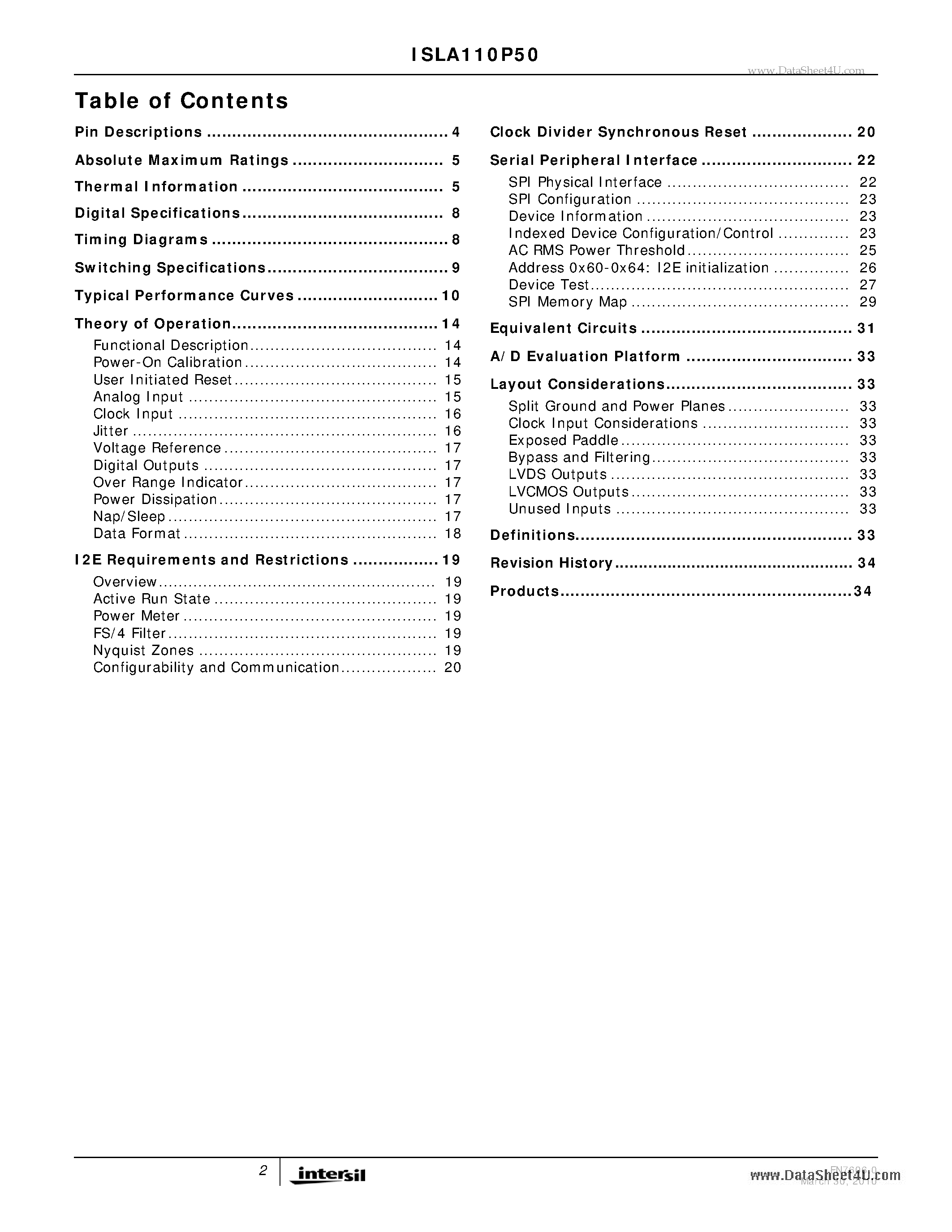 Datasheet ISLA110P50 page 2 Datasheet ISLA110P50 - 500MSPS A/D Converter page 2