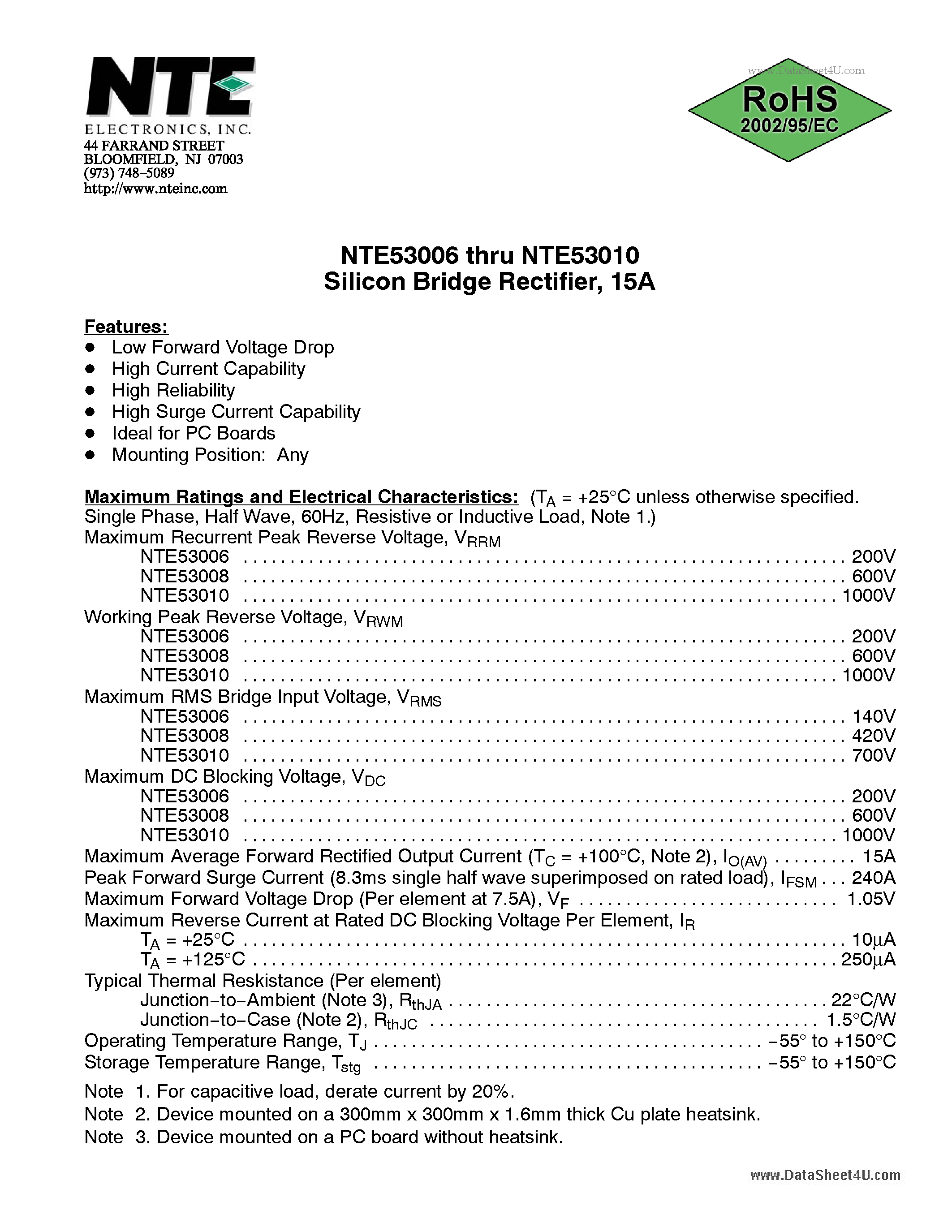 Даташит NTE53006 - Silicon Bridge Rectifier страница 1