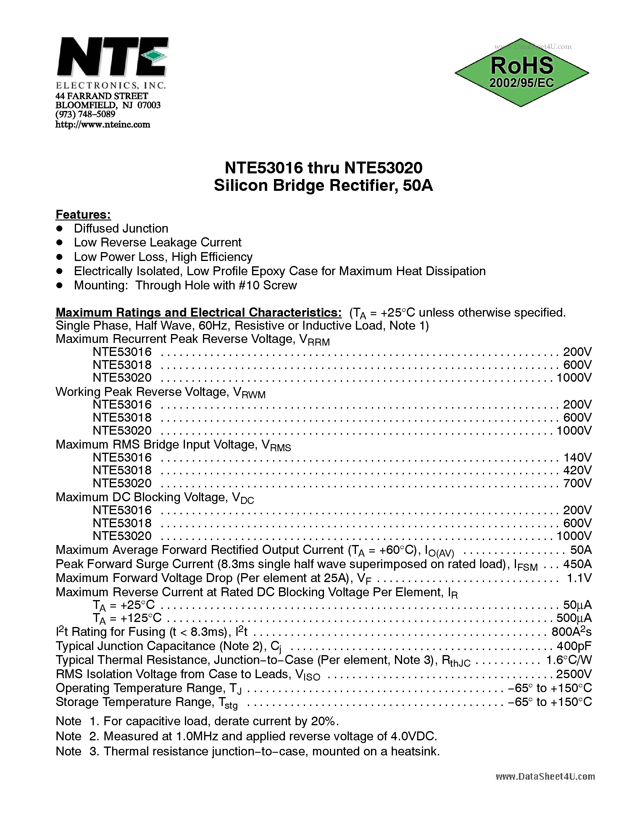 Даташит NTE53016 - Silicon Bridge Rectifier страница 1
