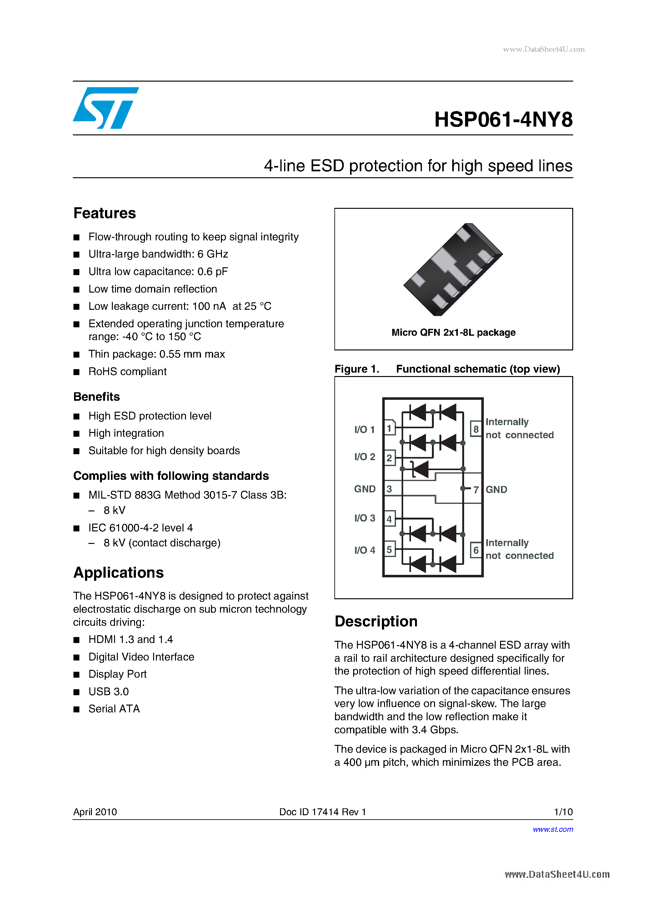 Даташит HSP061-4NY8 - 4-line ESD protection for high speed lines страница 1