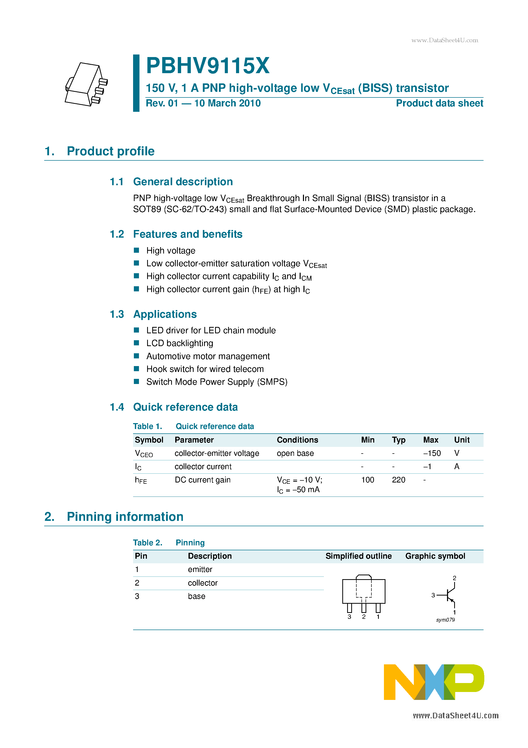 Datasheet PBHV9115X page 1 Datasheet PBHV9115X - 1 A PNP high-voltage low VCEsat (BISS) transistor page 1