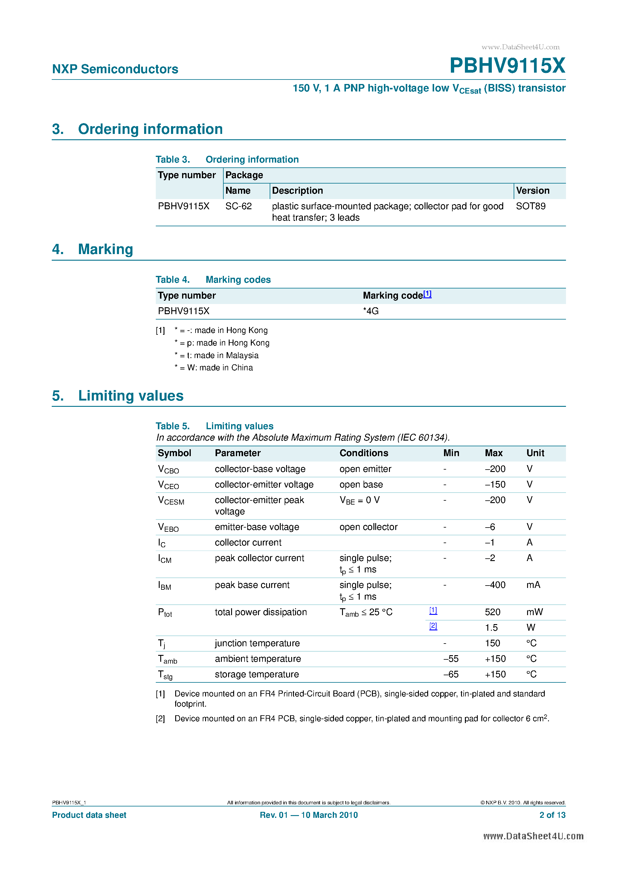 Datasheet PBHV9115X page 2 Datasheet PBHV9115X - 1 A PNP high-voltage low VCEsat (BISS) transistor page 2