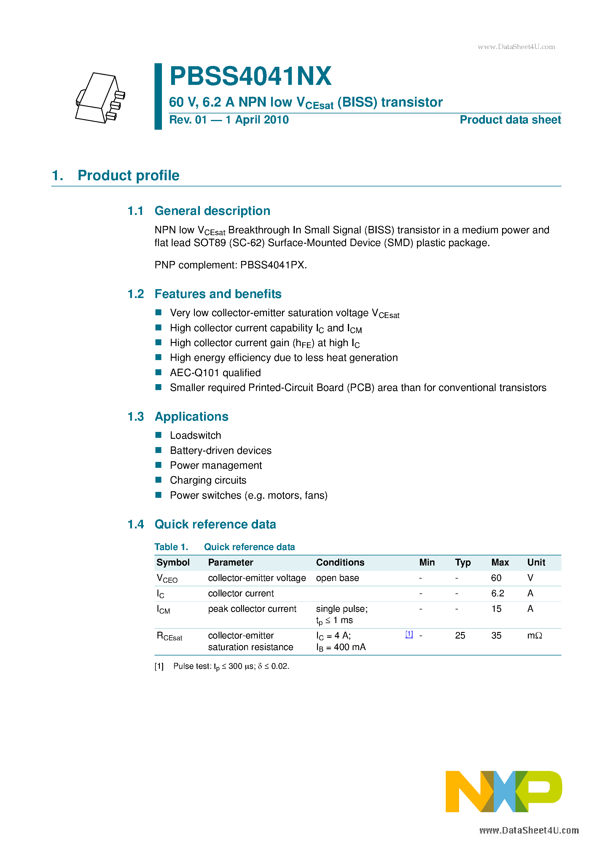 Datasheet PBSS4041NX - 6.2 A NPN low VCEsat (BISS) transistor page 1