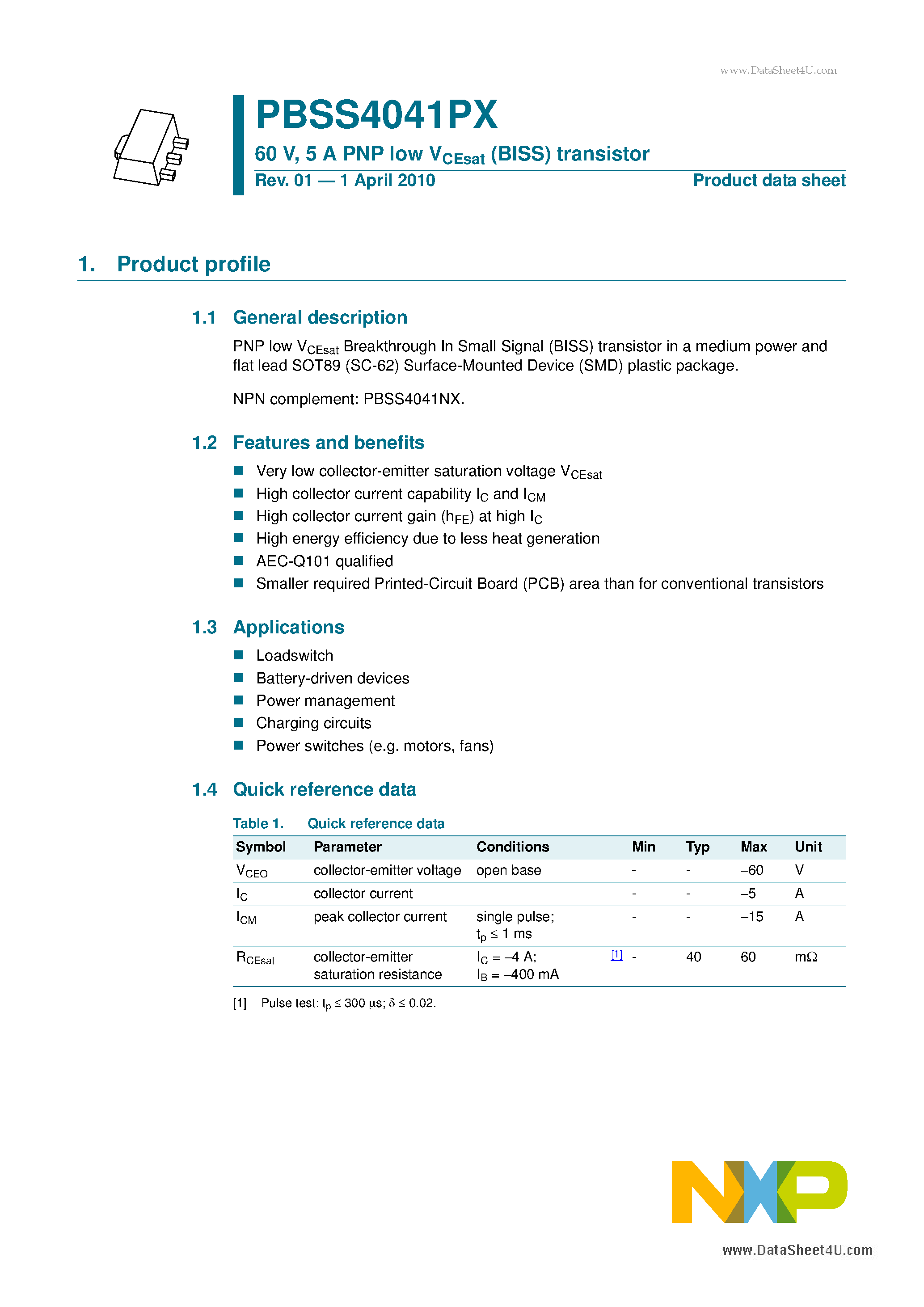 Datasheet PBSS4041PX - 5 A PNP low VCEsat (BISS) transistor page 1