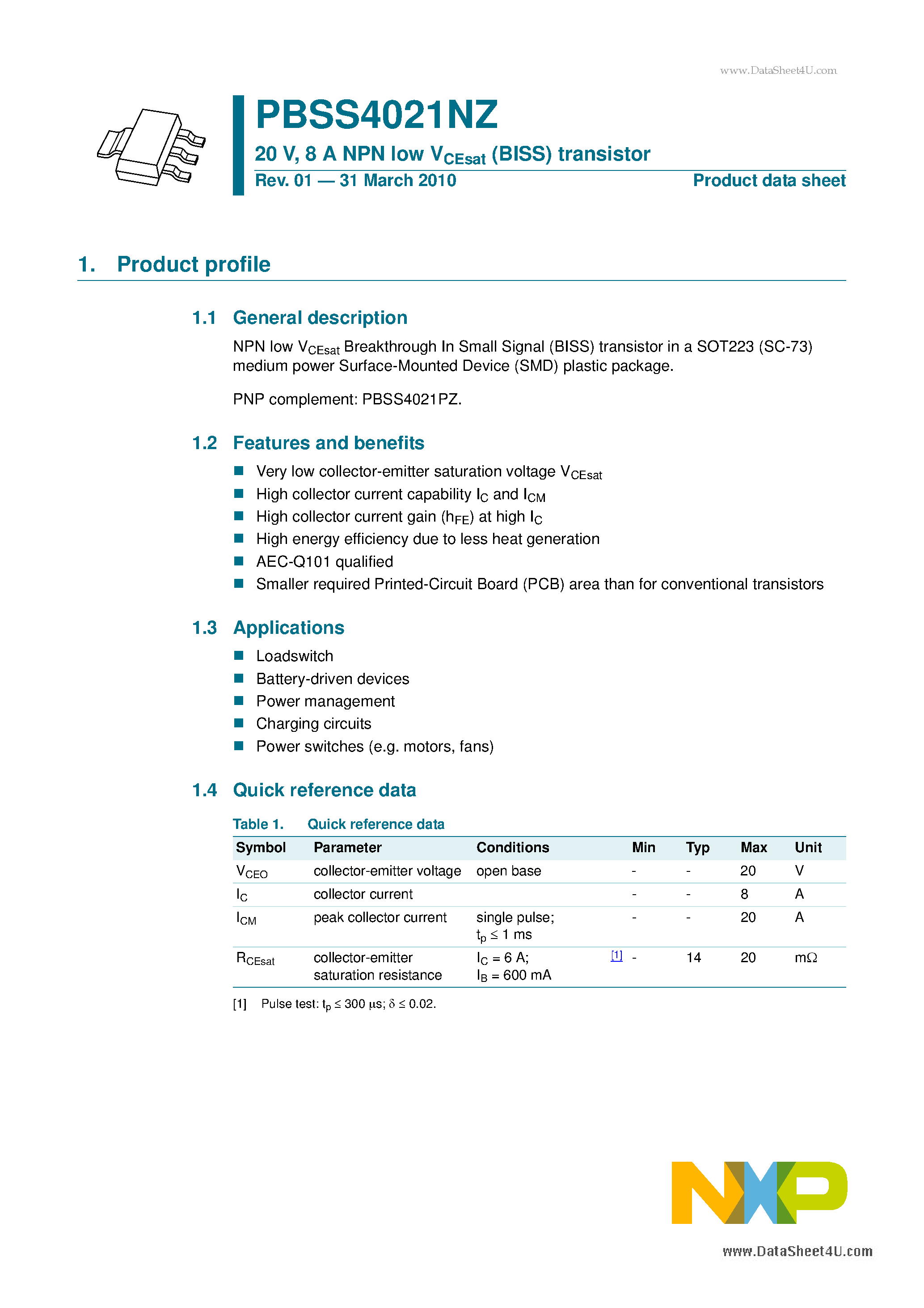 Datasheet PBSS4021NZ - 8 A NPN low VCEsat (BISS) transistor page 1