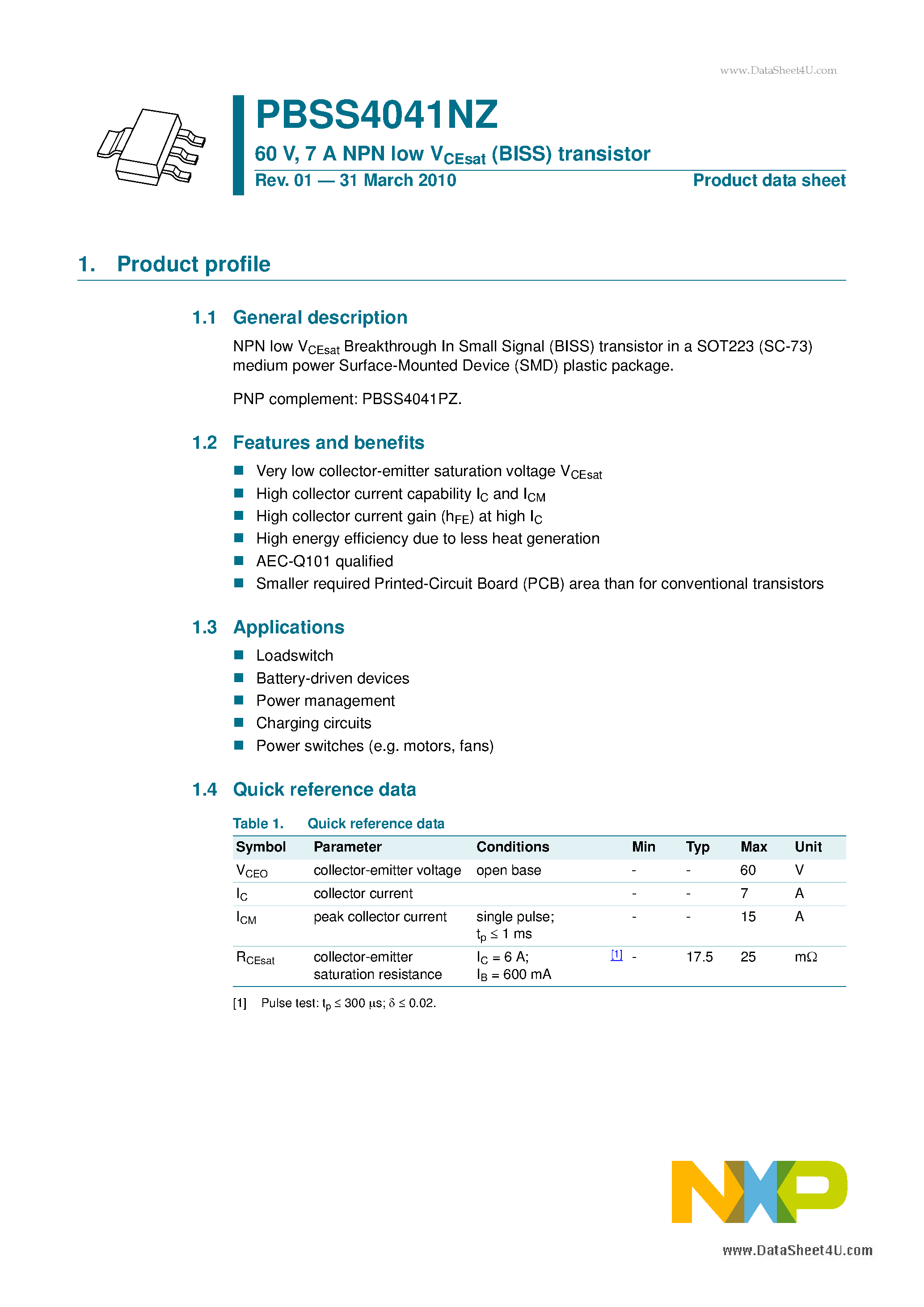 Даташит PBSS4041NZ - 7 A NPN low VCEsat (BISS) transistor страница 1