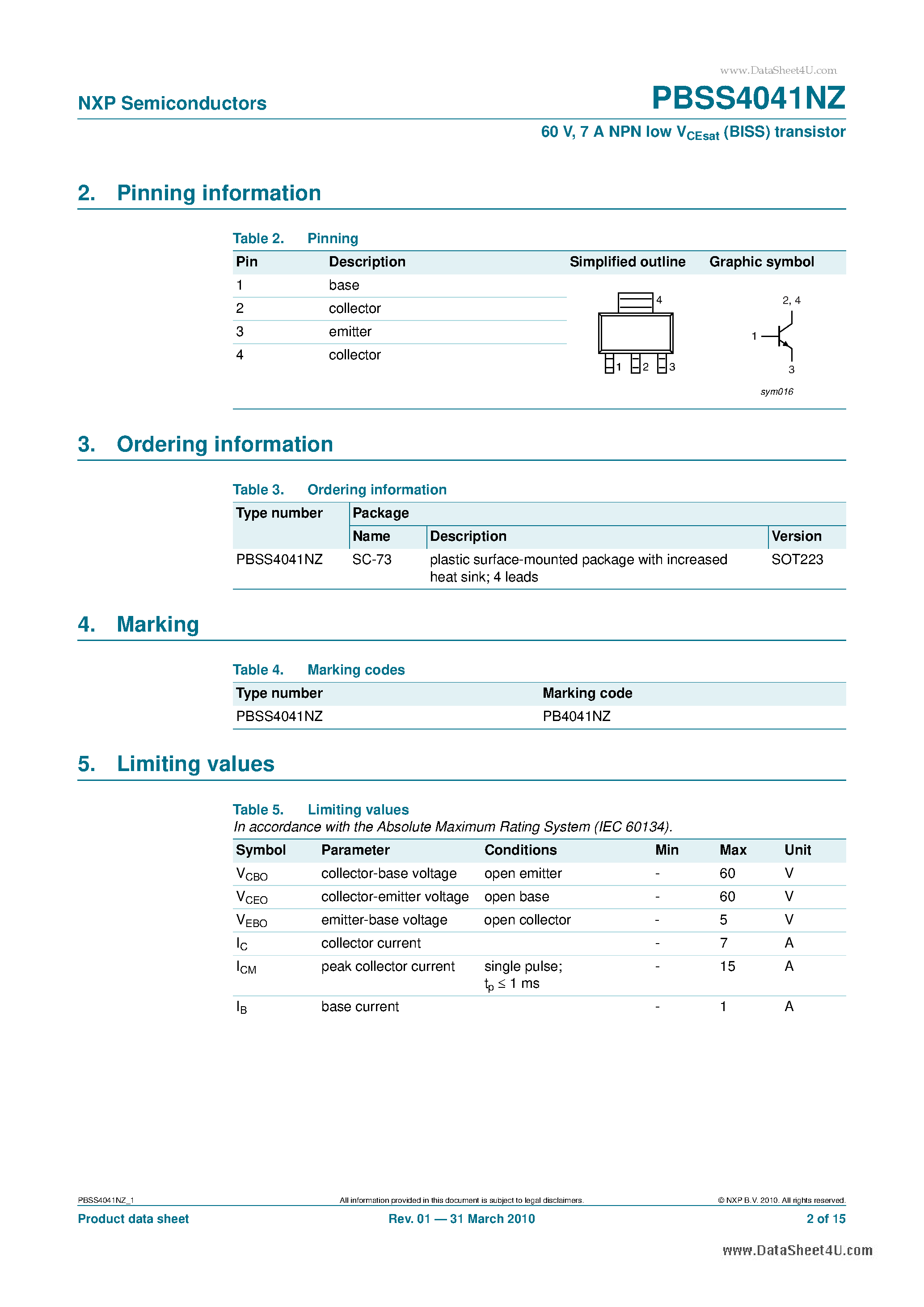 Даташит PBSS4041NZ - 7 A NPN low VCEsat (BISS) transistor страница 2