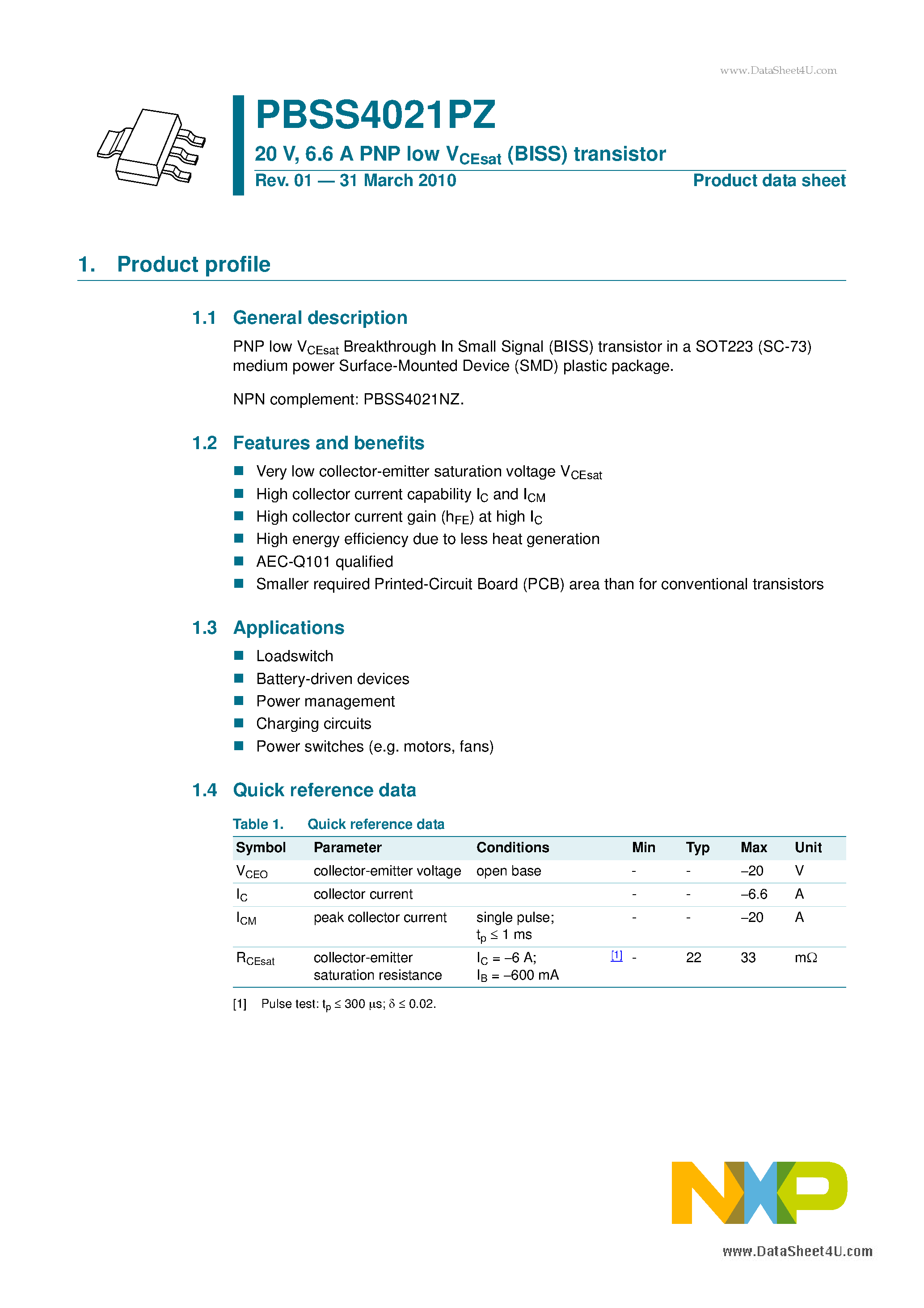 Datasheet PBSS4021PZ - 6.6 A PNP low VCEsat (BISS) transistor page 1