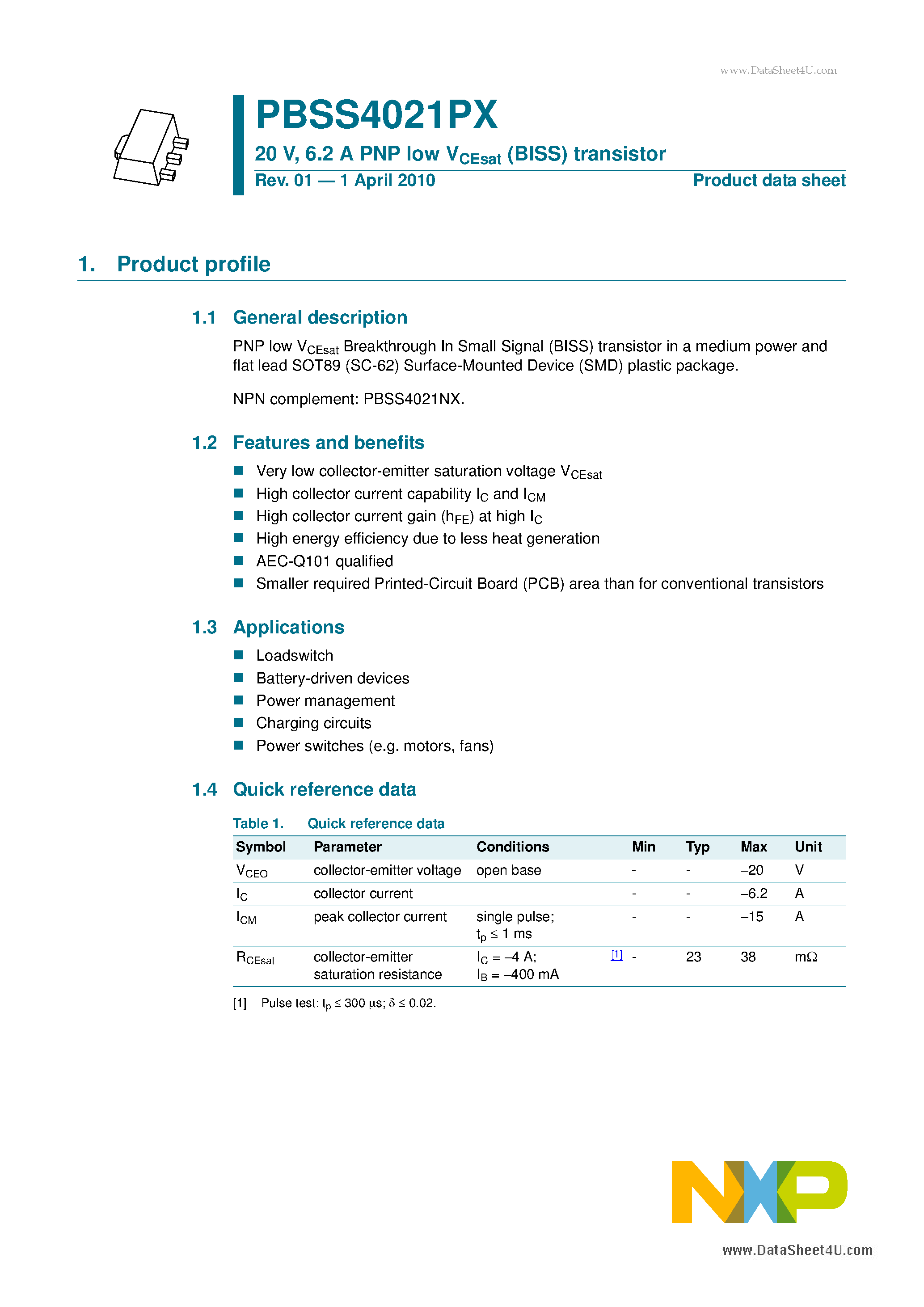 Datasheet PBSS4021PX - 6.2 A PNP low VCEsat (BISS) transistor page 1
