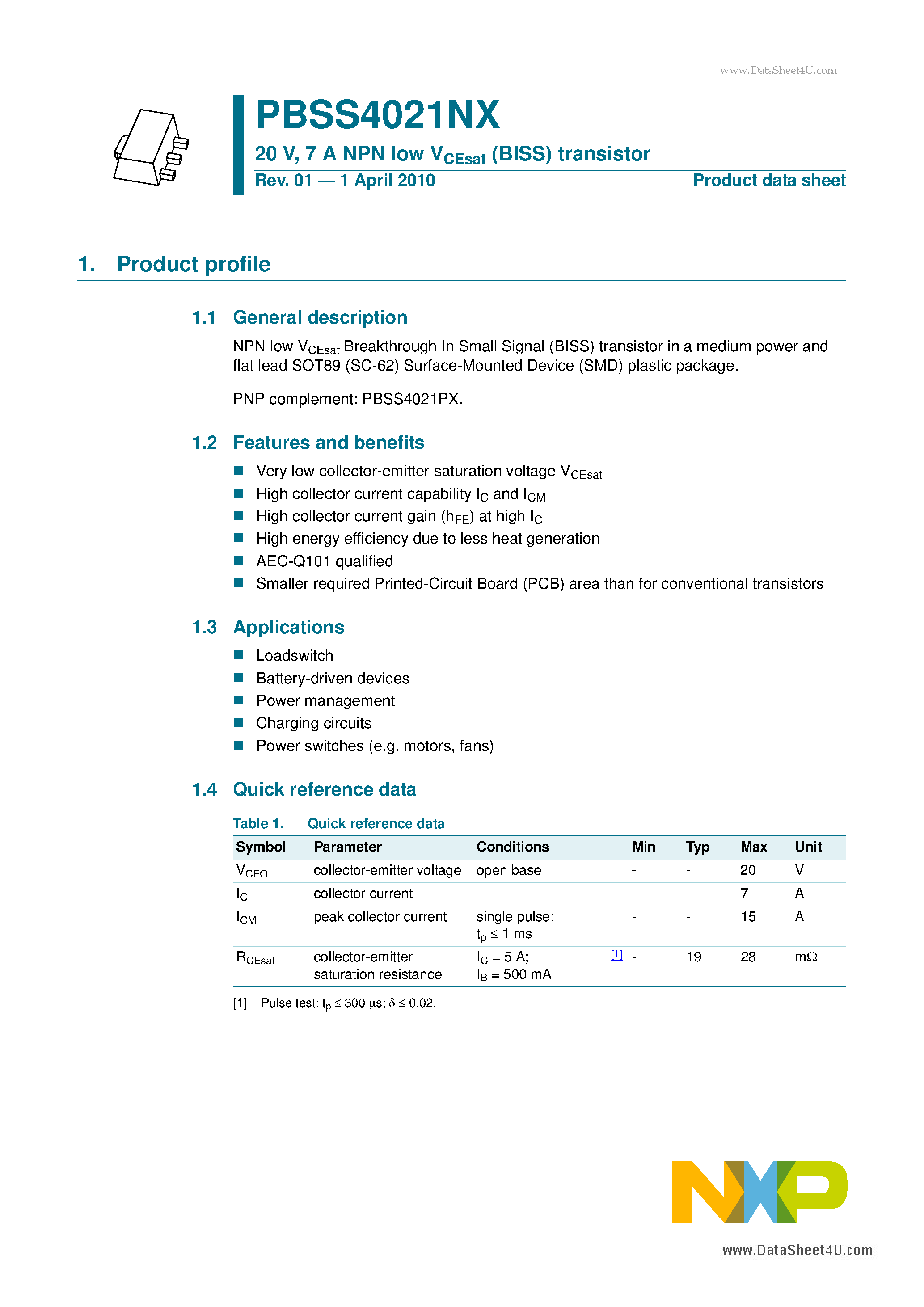 Даташит на микросхему PBSS4021NX страница 1 Даташит PBSS4021NX - 7 A PNP low VCEsat (BISS) transistor страница 1