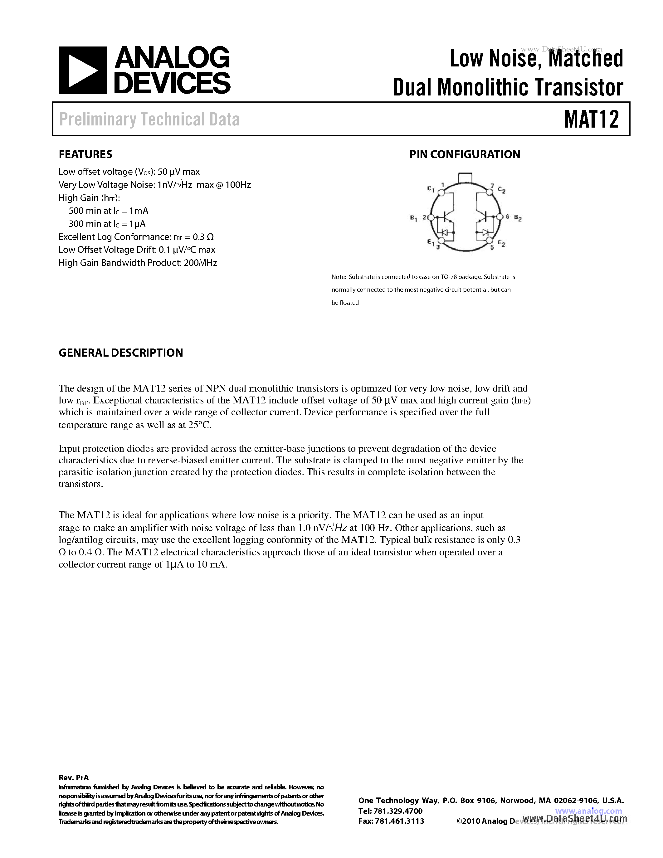 Datasheet MAT12 page 1 Datasheet MAT12 - Matched Dual Monolithic Transistor page 1