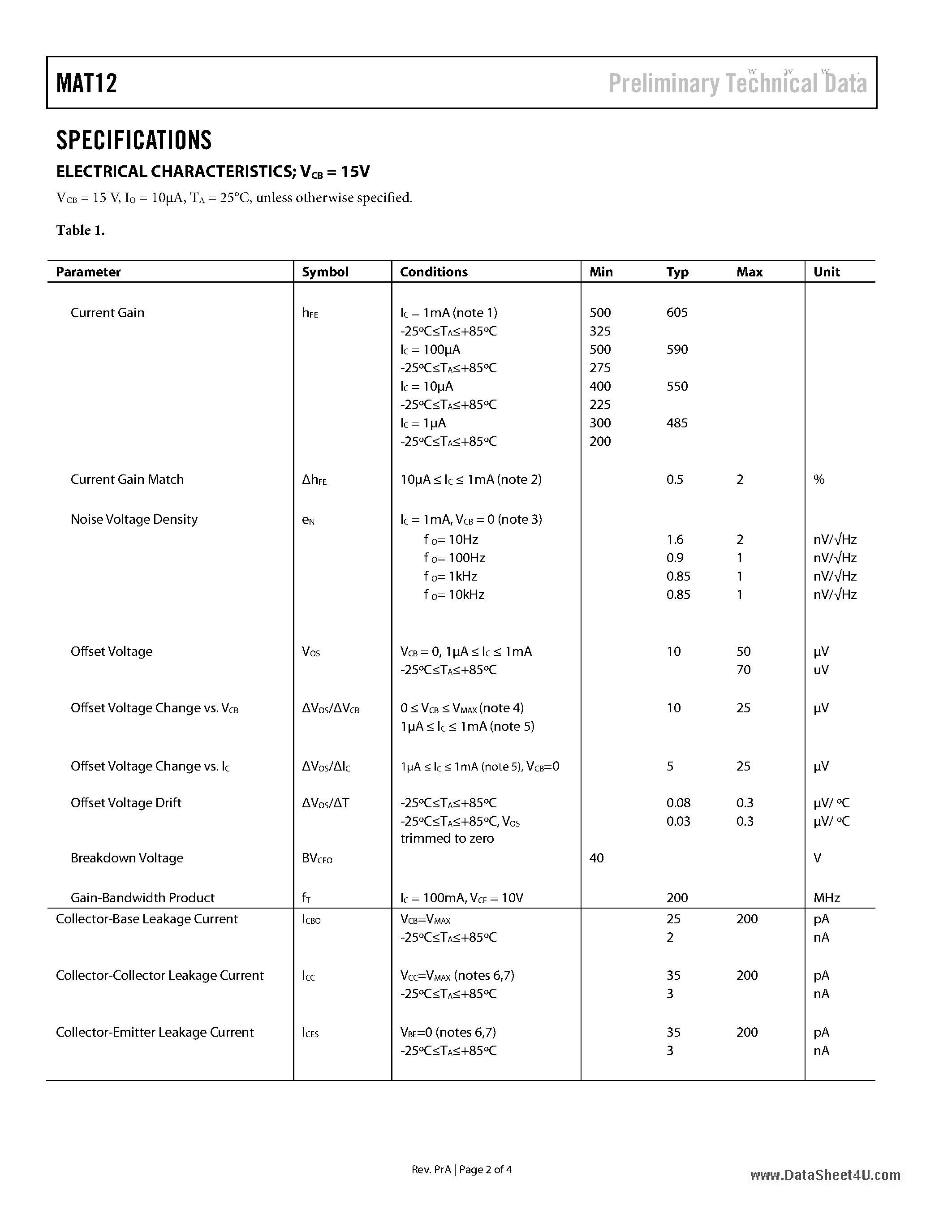 Datasheet MAT12 page 2 Datasheet MAT12 - Matched Dual Monolithic Transistor page 2